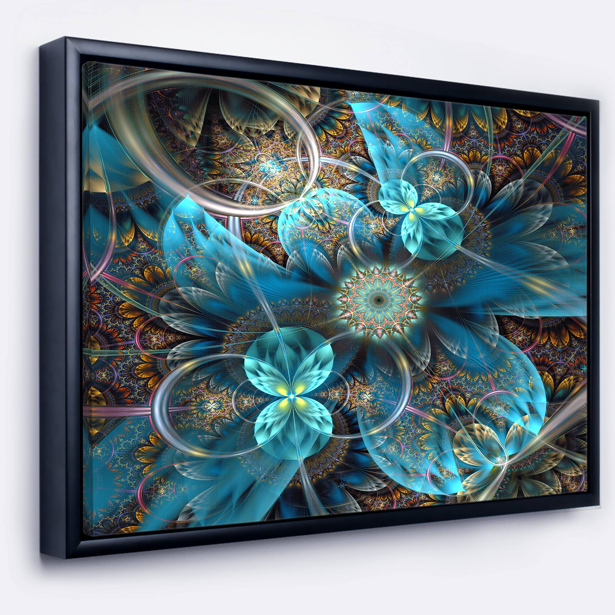 Designart - Fractal Blue Flowers - Floral Art Framed Canvas Print