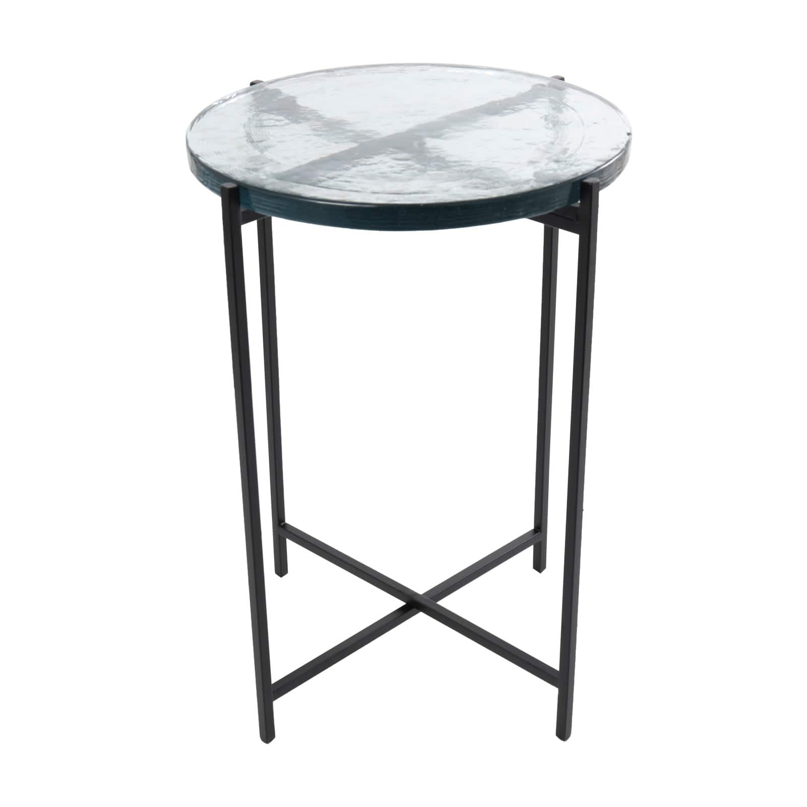 24" Metal X-Shaped Accent Table with Textured Glass Tabletop