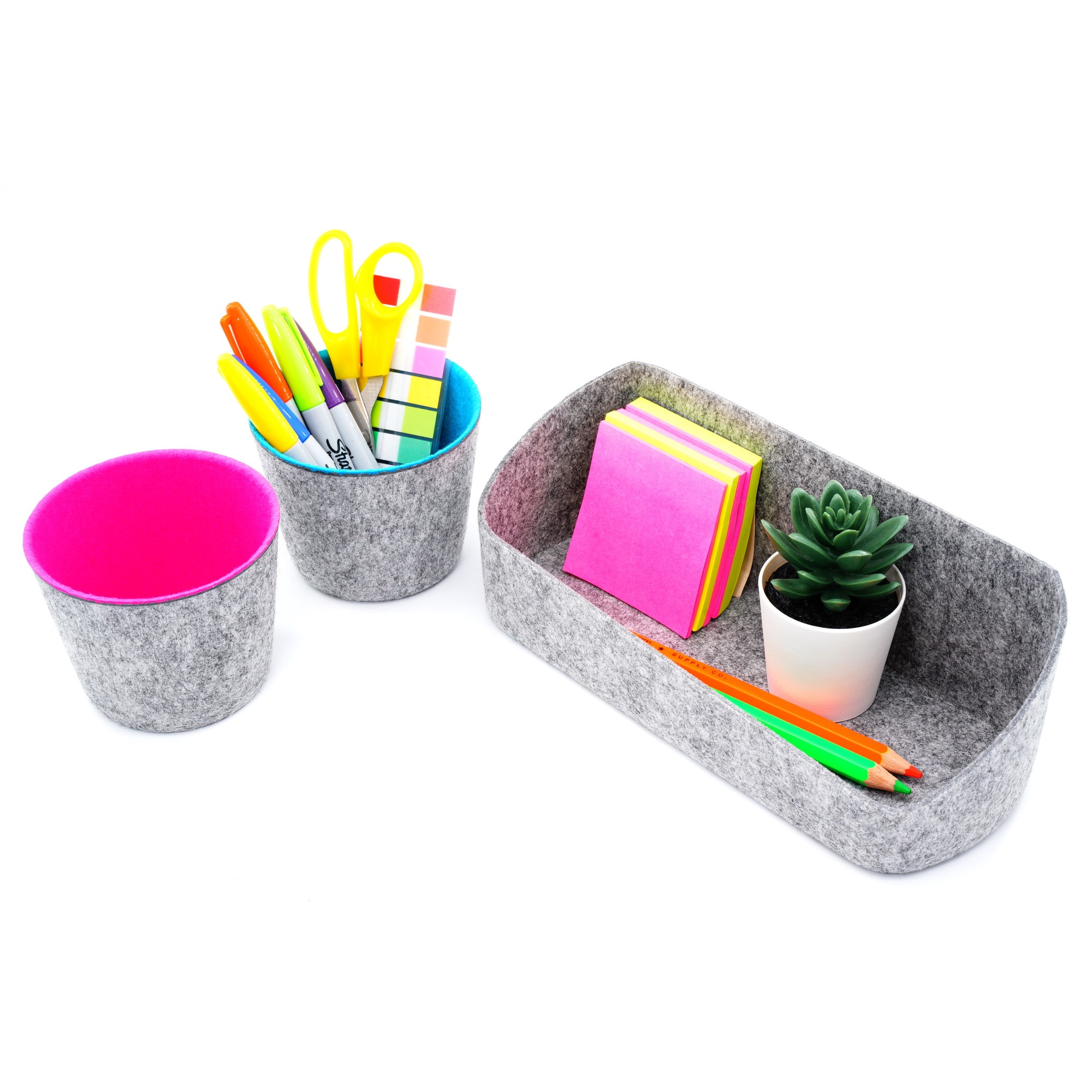 Welaxy Felt 3 Piece Gray Tray with Turquoise &#x26; Hot Pink Cups Desktop Organizer Set