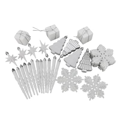 125ct. Winter White & Silver Shatterproof 4-Finish Christmas Ornaments ...