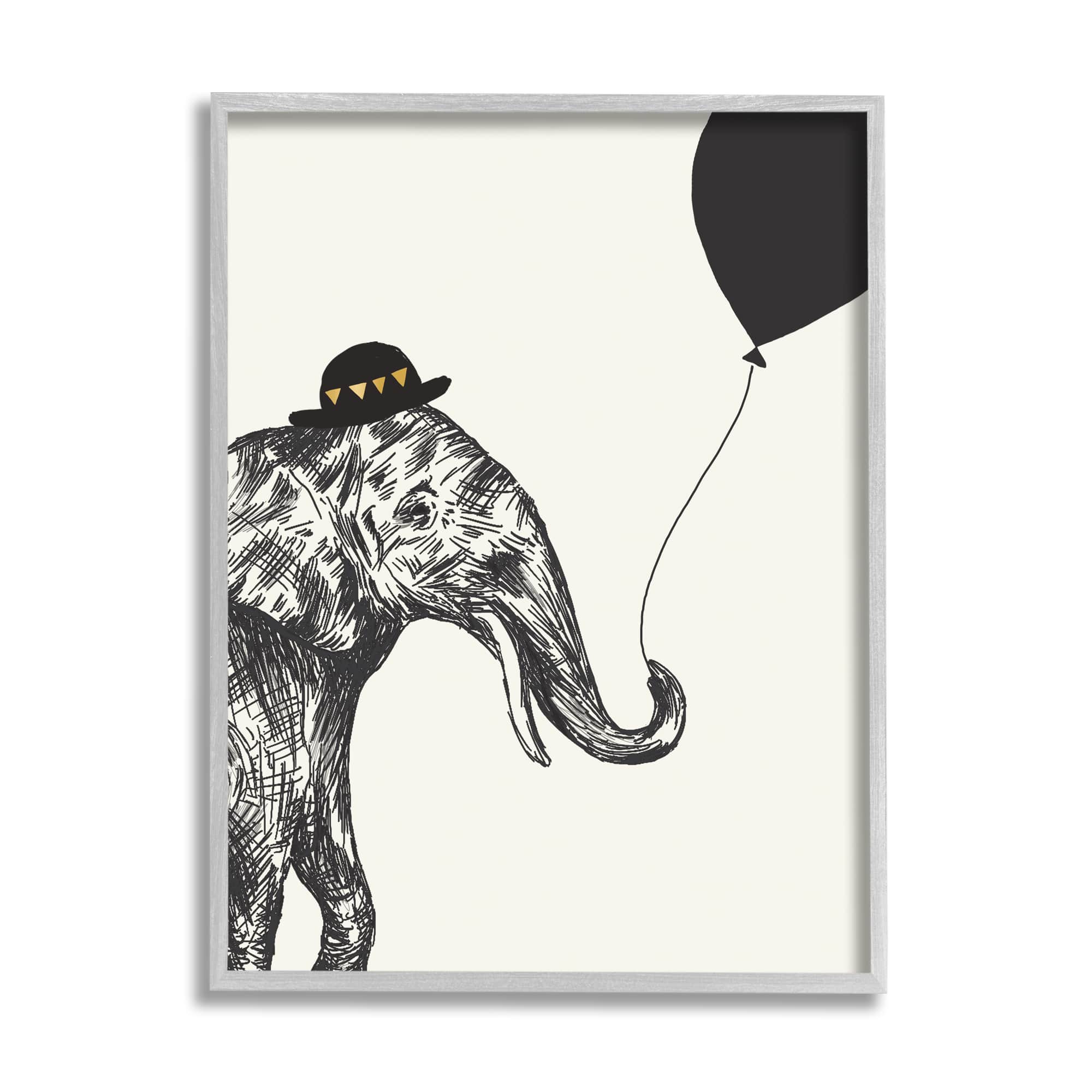 Stupell Industries Elephant with Derby Hat Holding Black Balloon Framed Wall Art