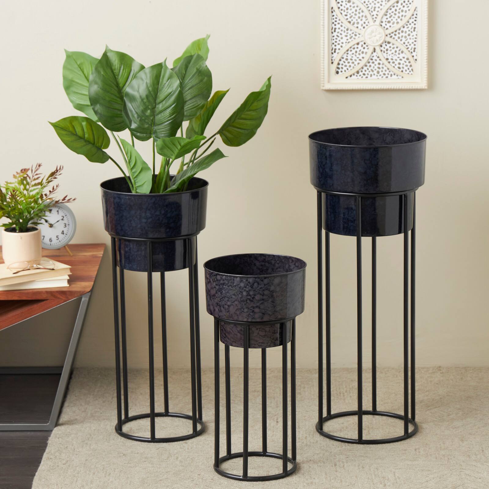 Black Metal Wash Textured Planter with Open Framed Black Caged Base Set