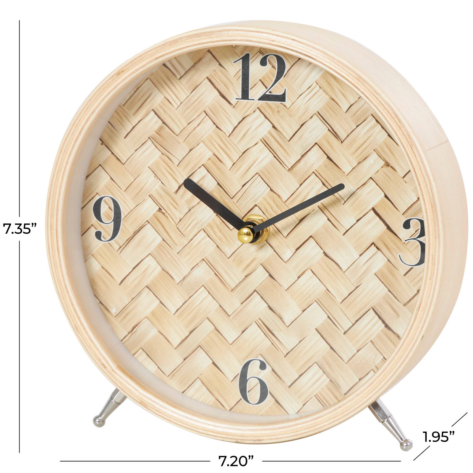 7" Light Brown Wood Woven Chevron Patterned Clock with Silver Legs