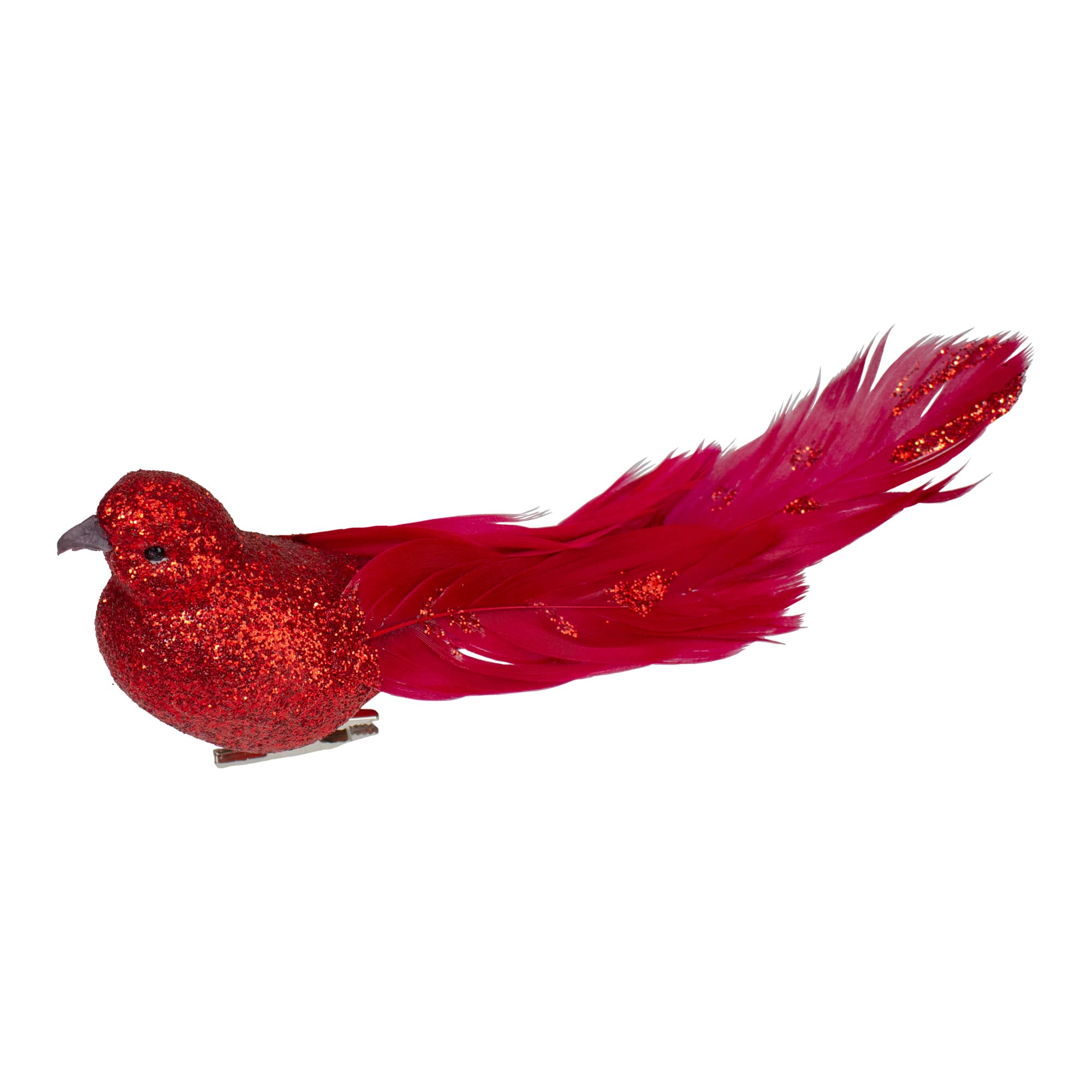 Glittered Bird With Feather Tail Christmas Clip On Ornament - 7&#x22; - Red