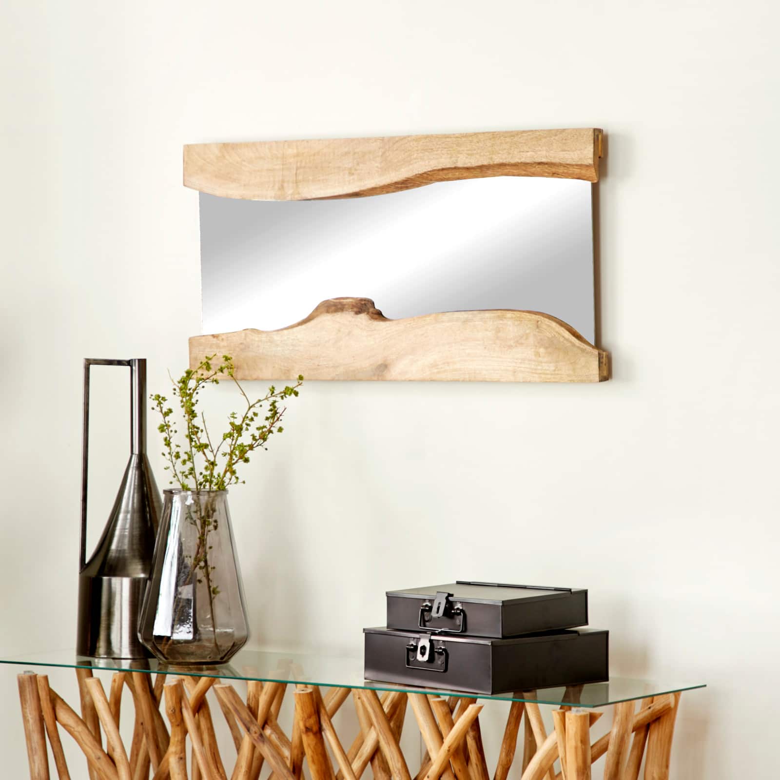 32&#x22; Brown Wood Contemporary Wall Mirror Set