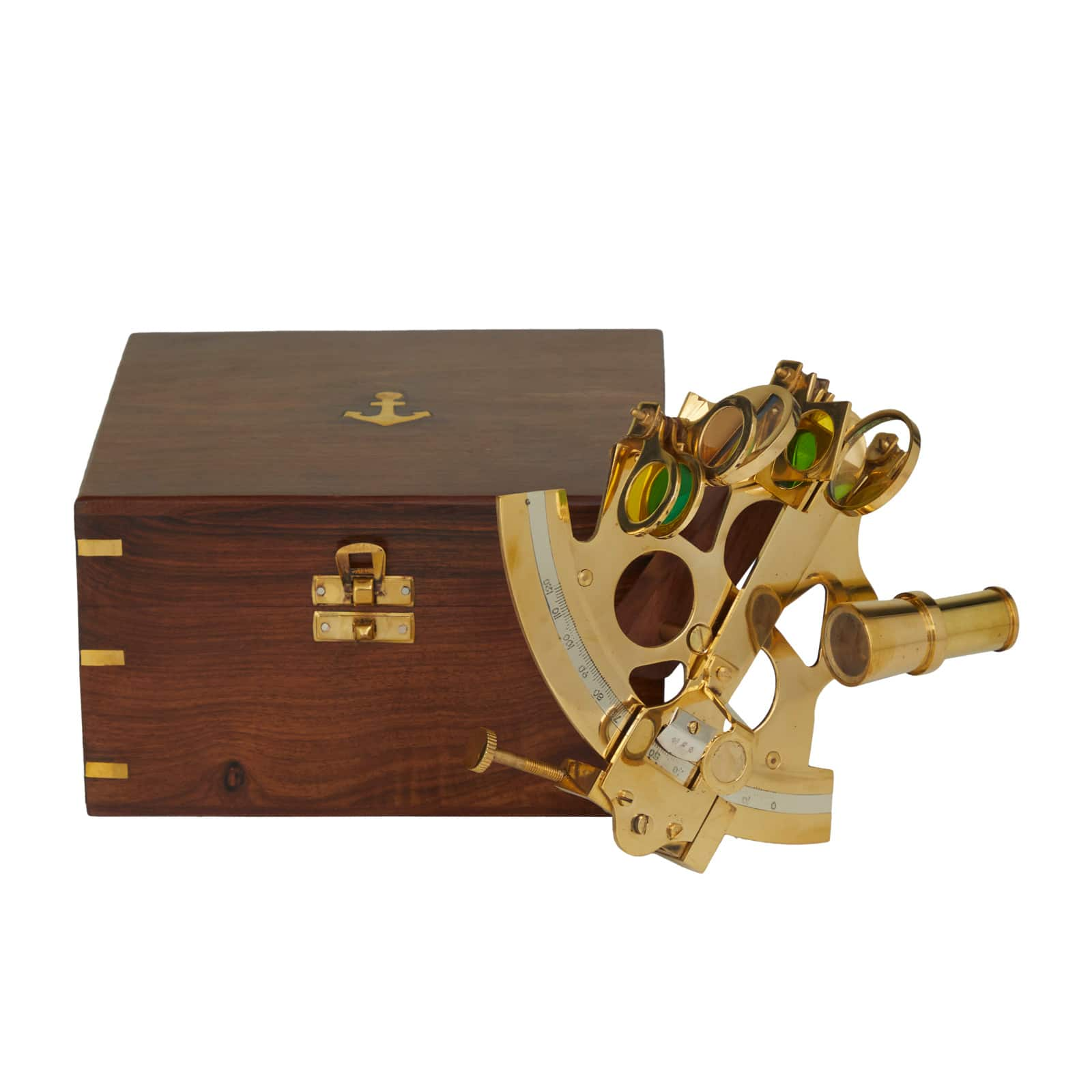 Gold Brass Sextant Compass with Decorative Box Set