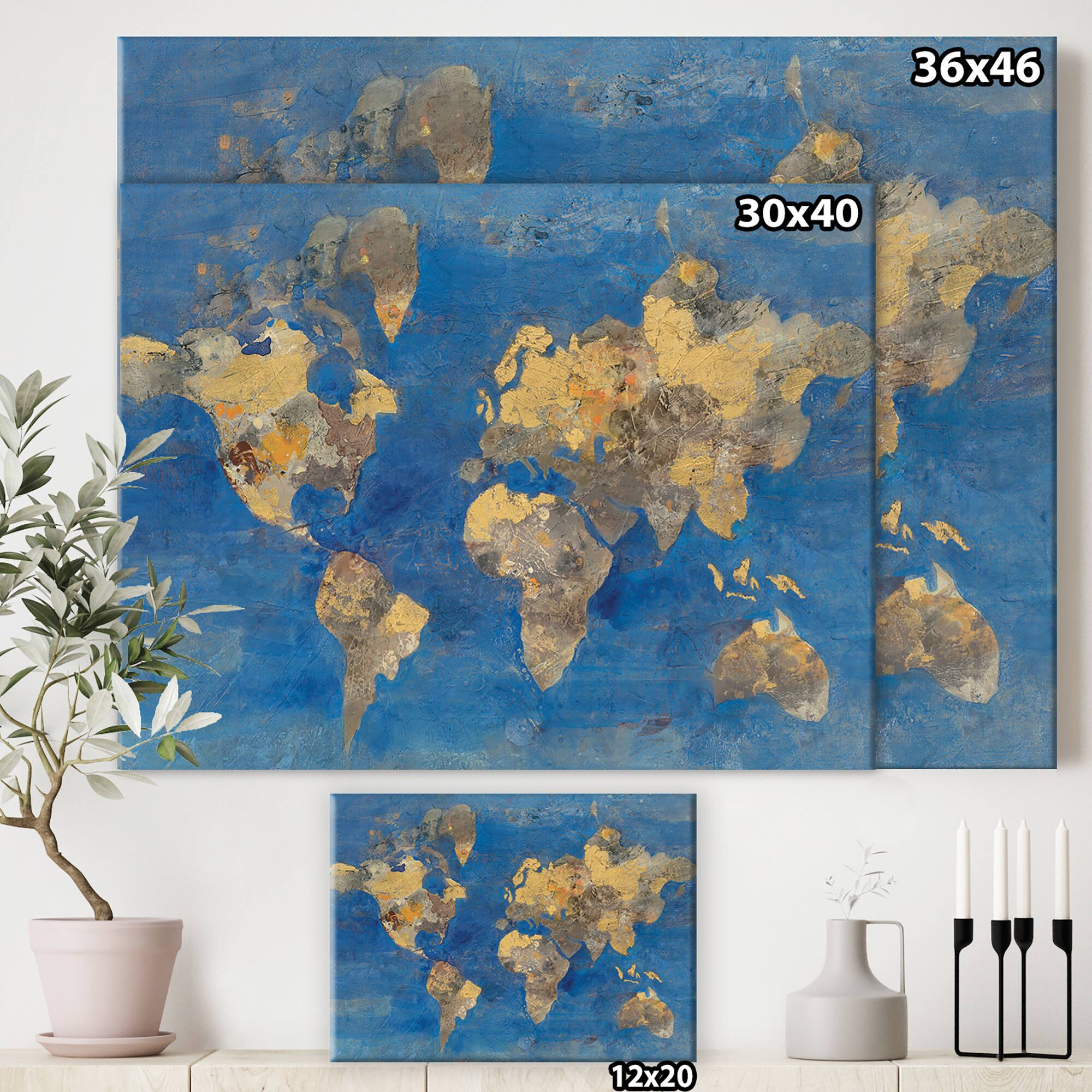 Designart - Golden Glam World Map - Traditional Canvas Artwork