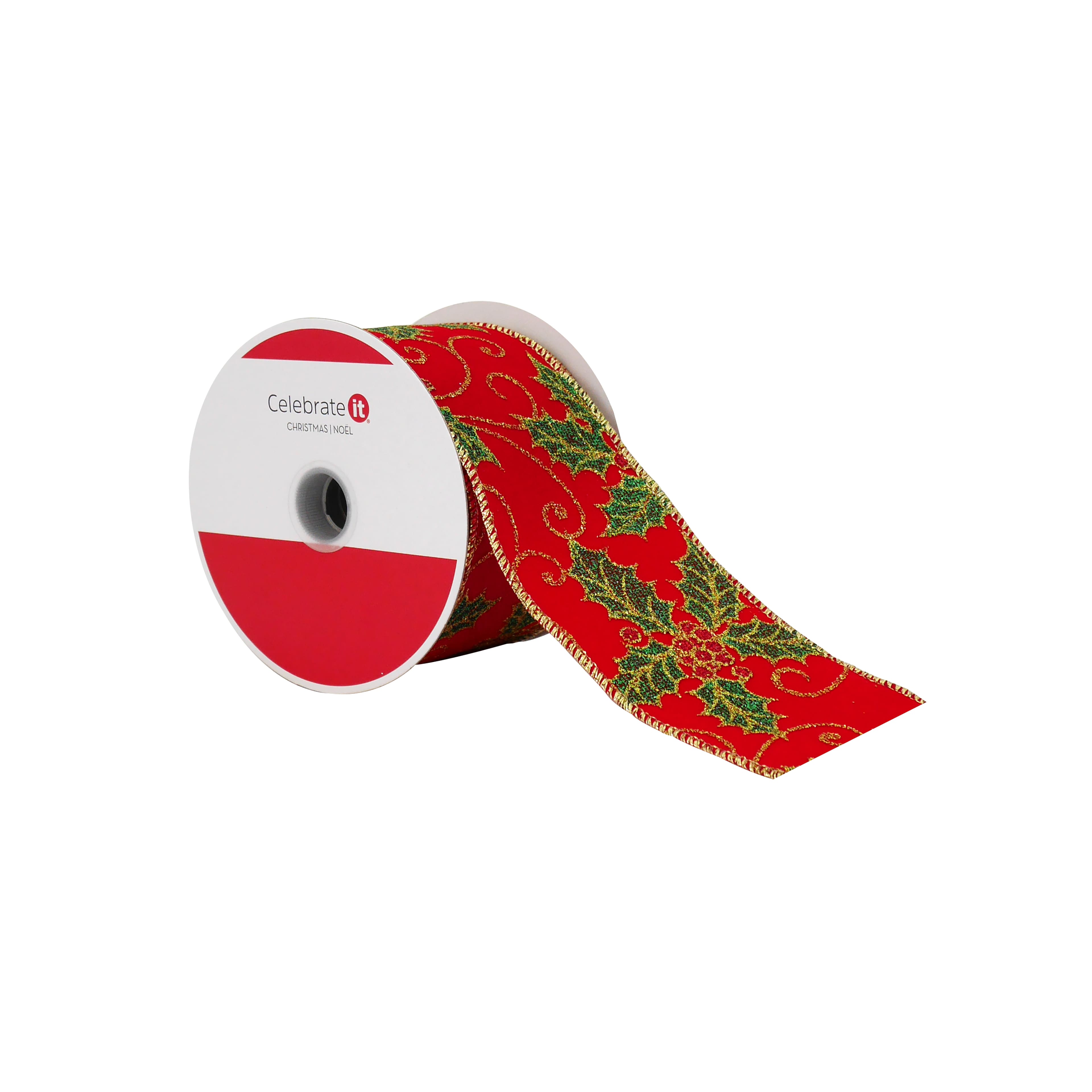 2.5&#x22; x 20ft. Red Glitter Holly Wired Ribbon by Celebrate It&#xAE;