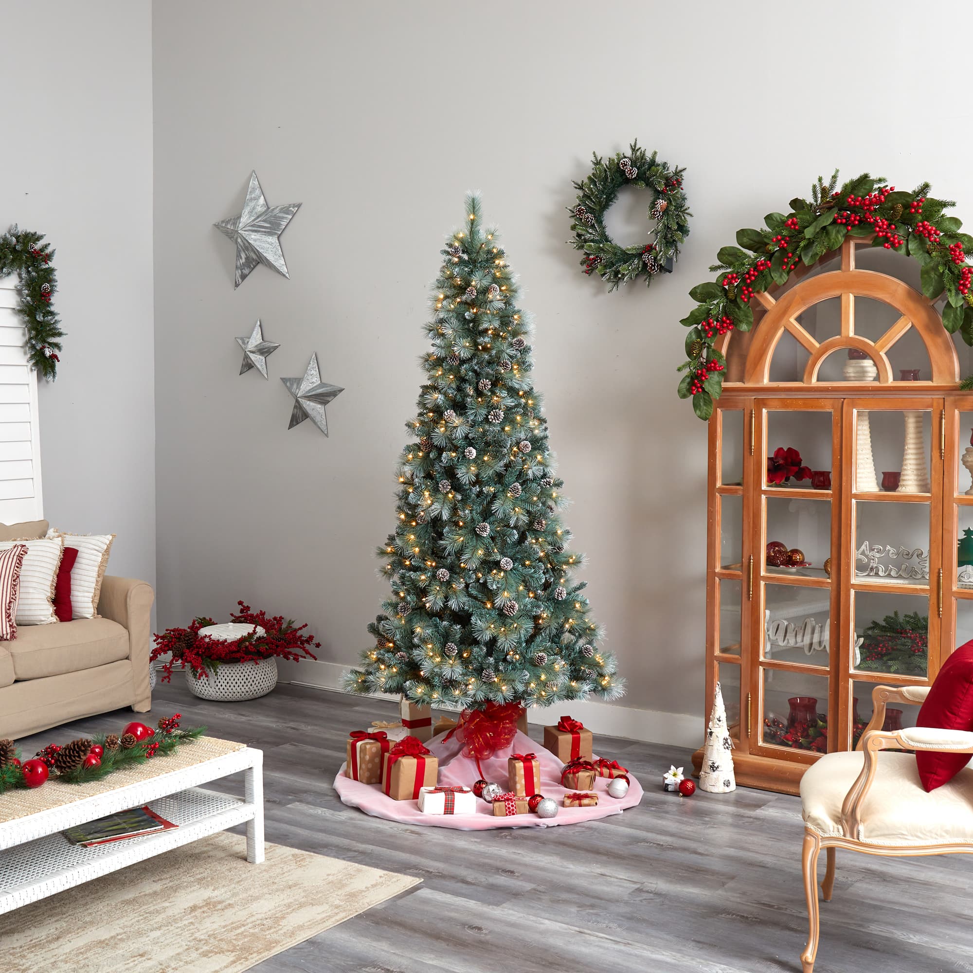 8ft. Pre-Lit Frosted British Columbia Mountain Pine Artificial Christmas Tree, Clear Lights