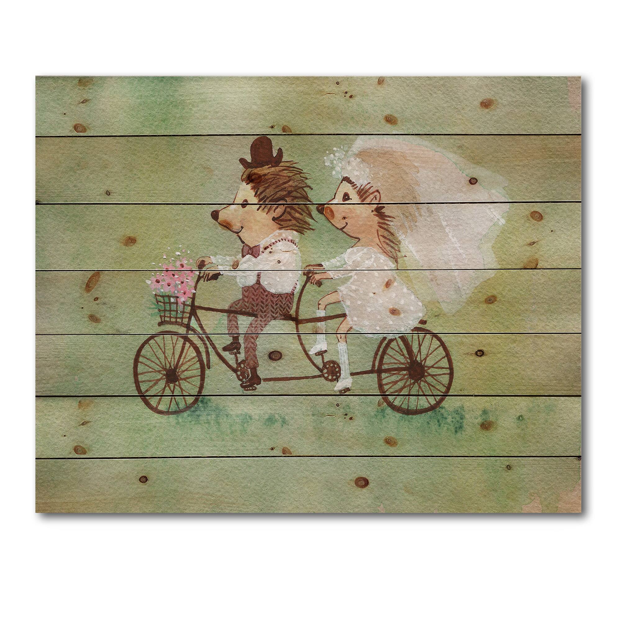 Designart - Couple of Hedgehogs Riding A Bike - Traditional Print on Natural Pine Wood