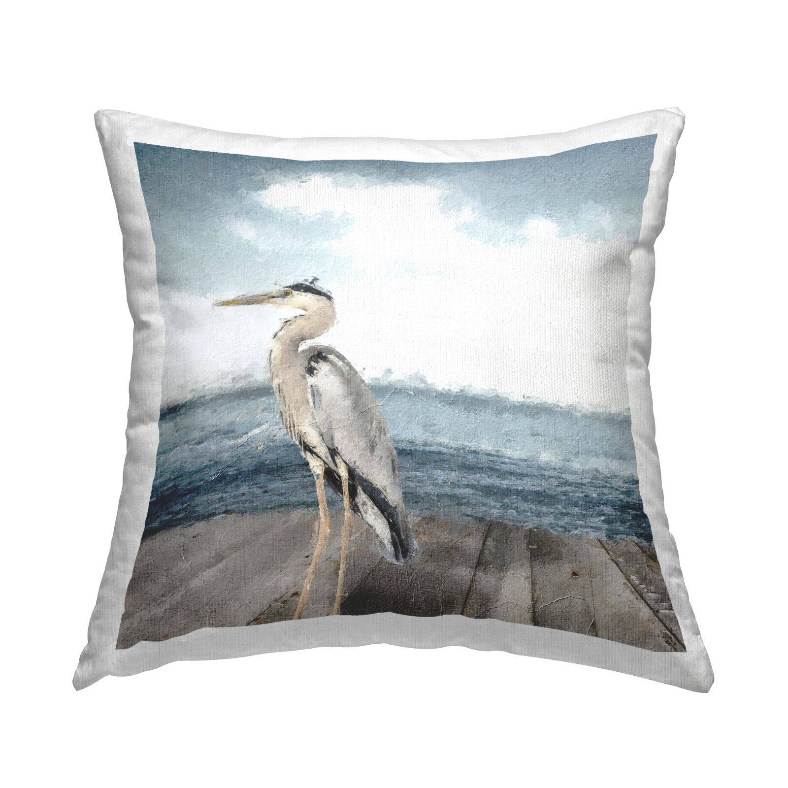Stupell Industries Heron Bird Perched Dock Rough Ocean Waves Throw Pillow, 18" x 18"