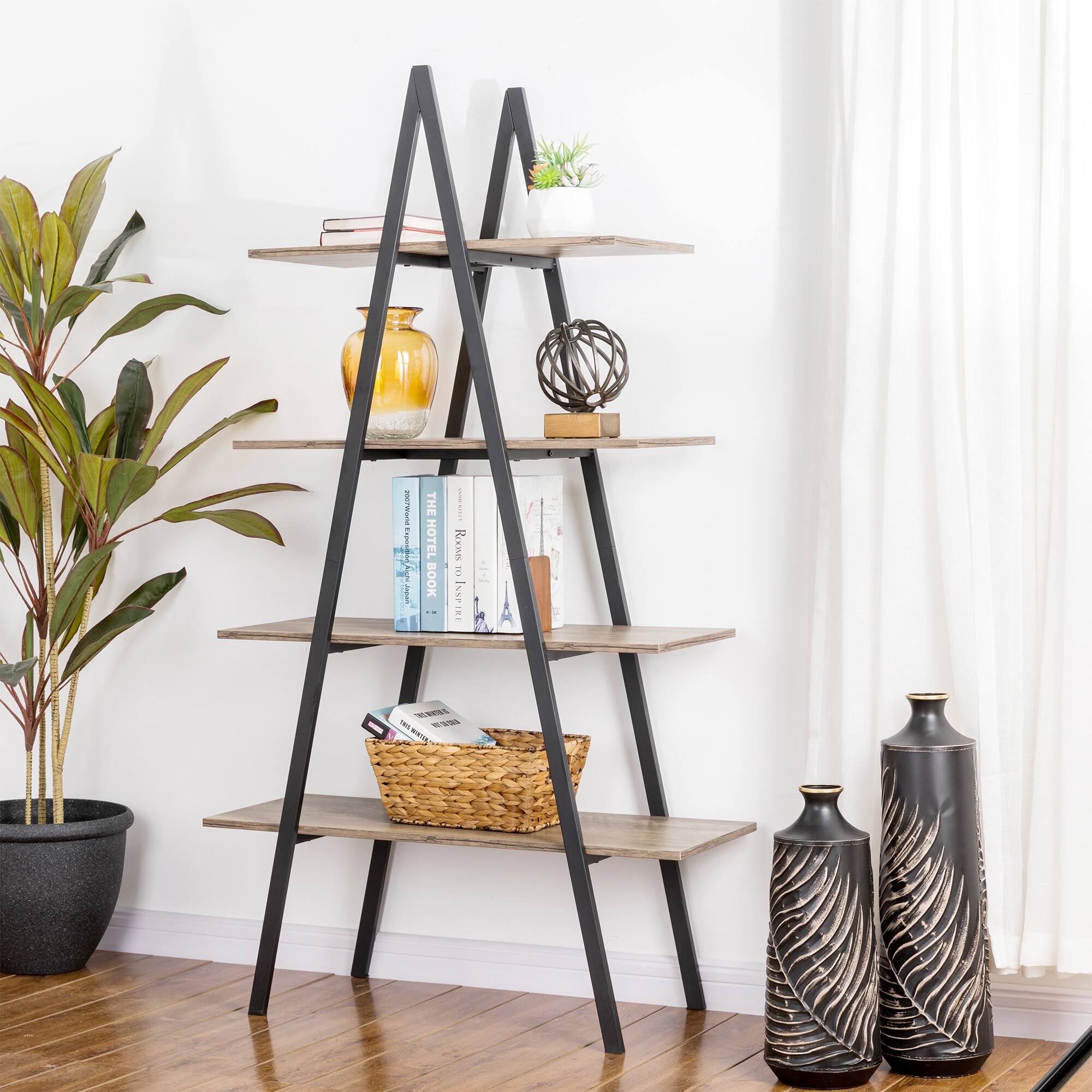 Glitzhome&#xAE; 5.5ft. Modern Industrial 4-Tier A-Frame Open Ladder Bookshelf