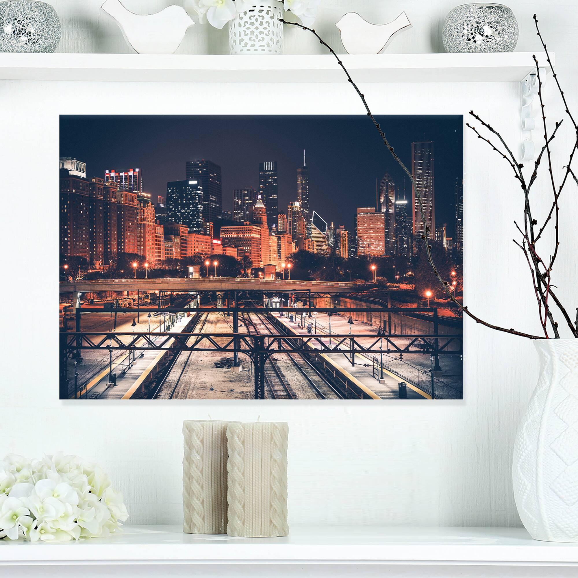 Designart - Dark Chicago Skyline and Railroad - Cityscape Canvas Print