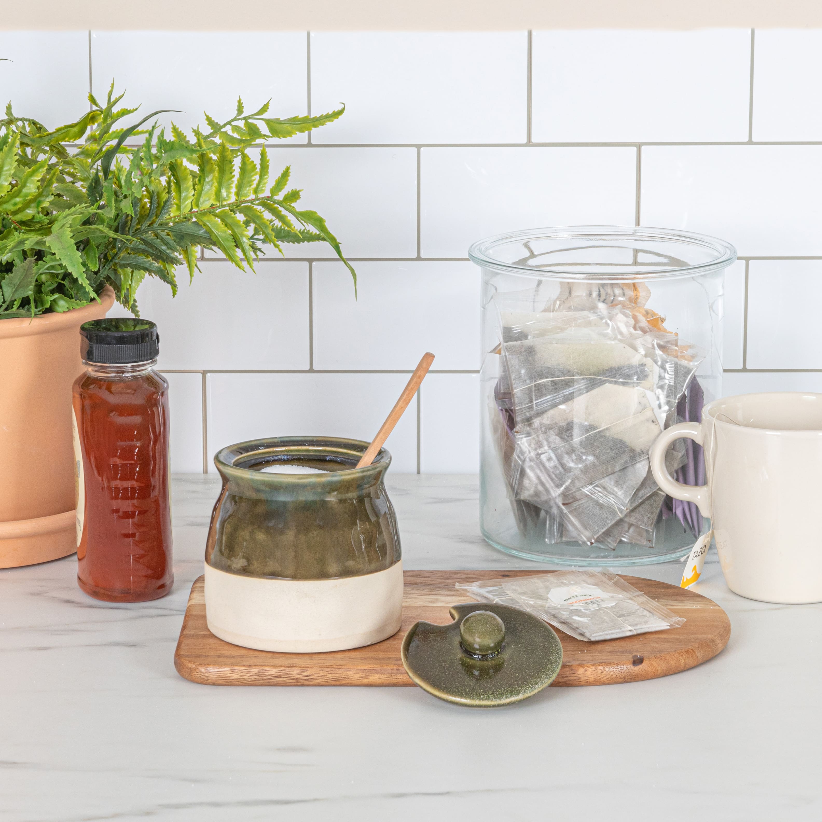 Hello Honey® 4.4" Green Stoneware Sugar Pot with Lid & Wood Spoon