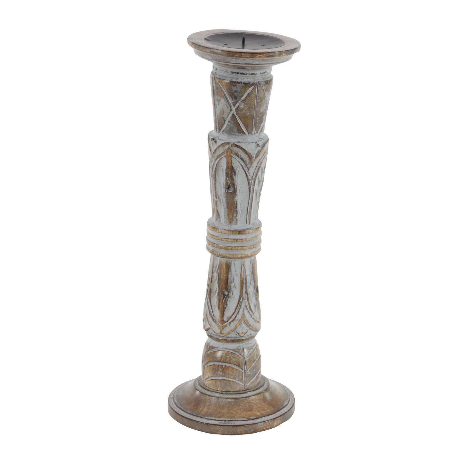 Light Brown Mango Wood Traditional Candle Holder Set