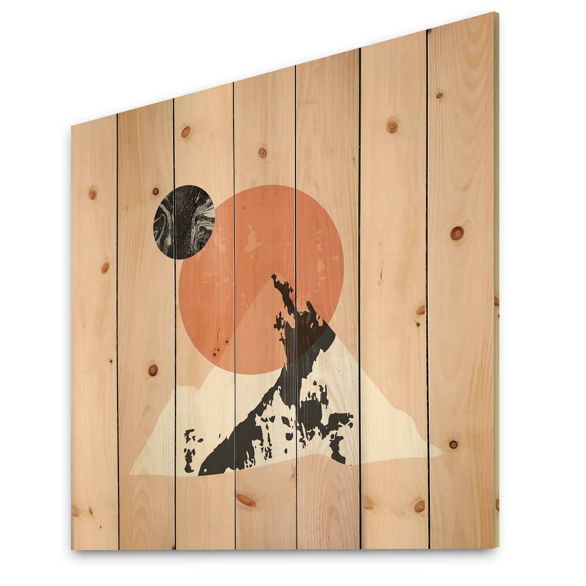 Designart - Modern Minimalist Mountain Sun and Moon - Modern Print on Natural Pine Wood