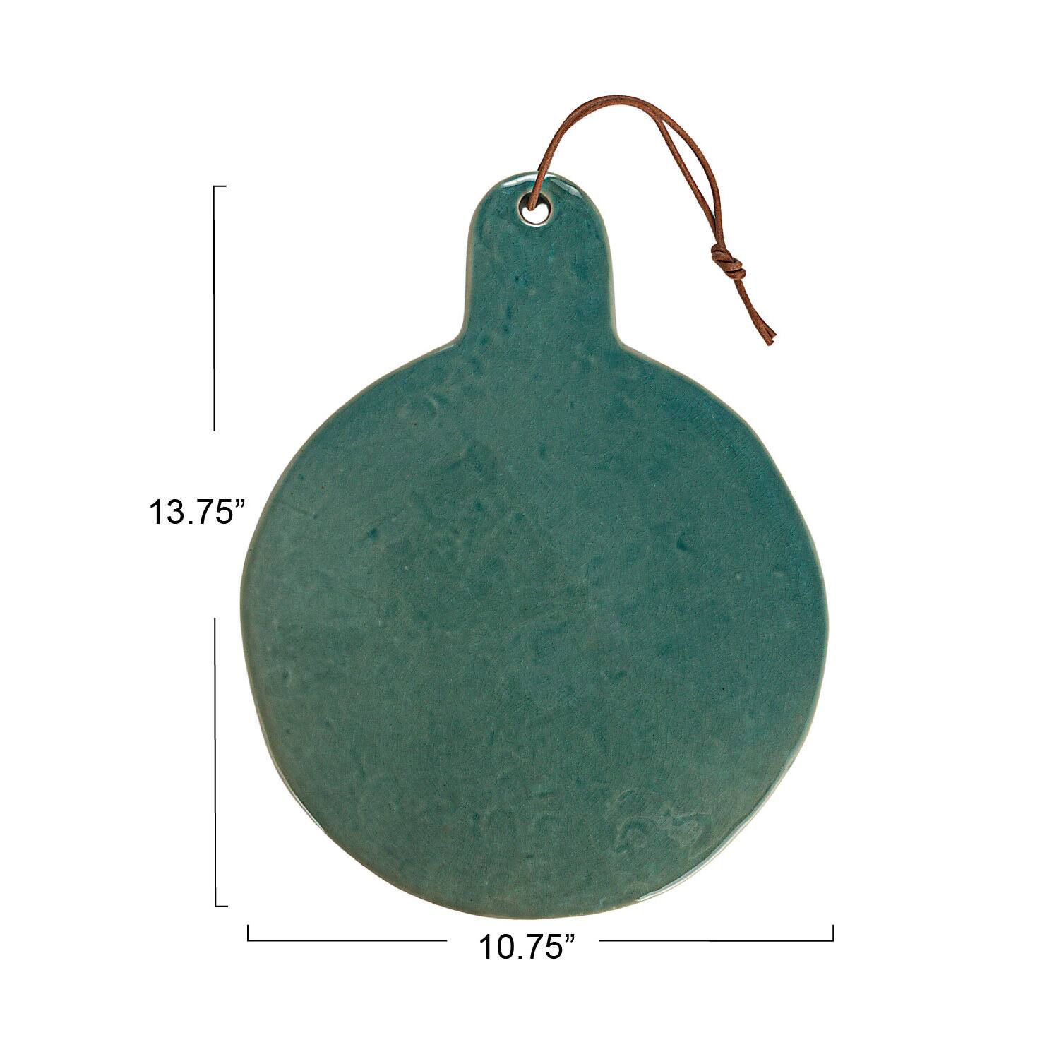 13.75" Aqua Round Stoneware Cheese Board with Leather Tie