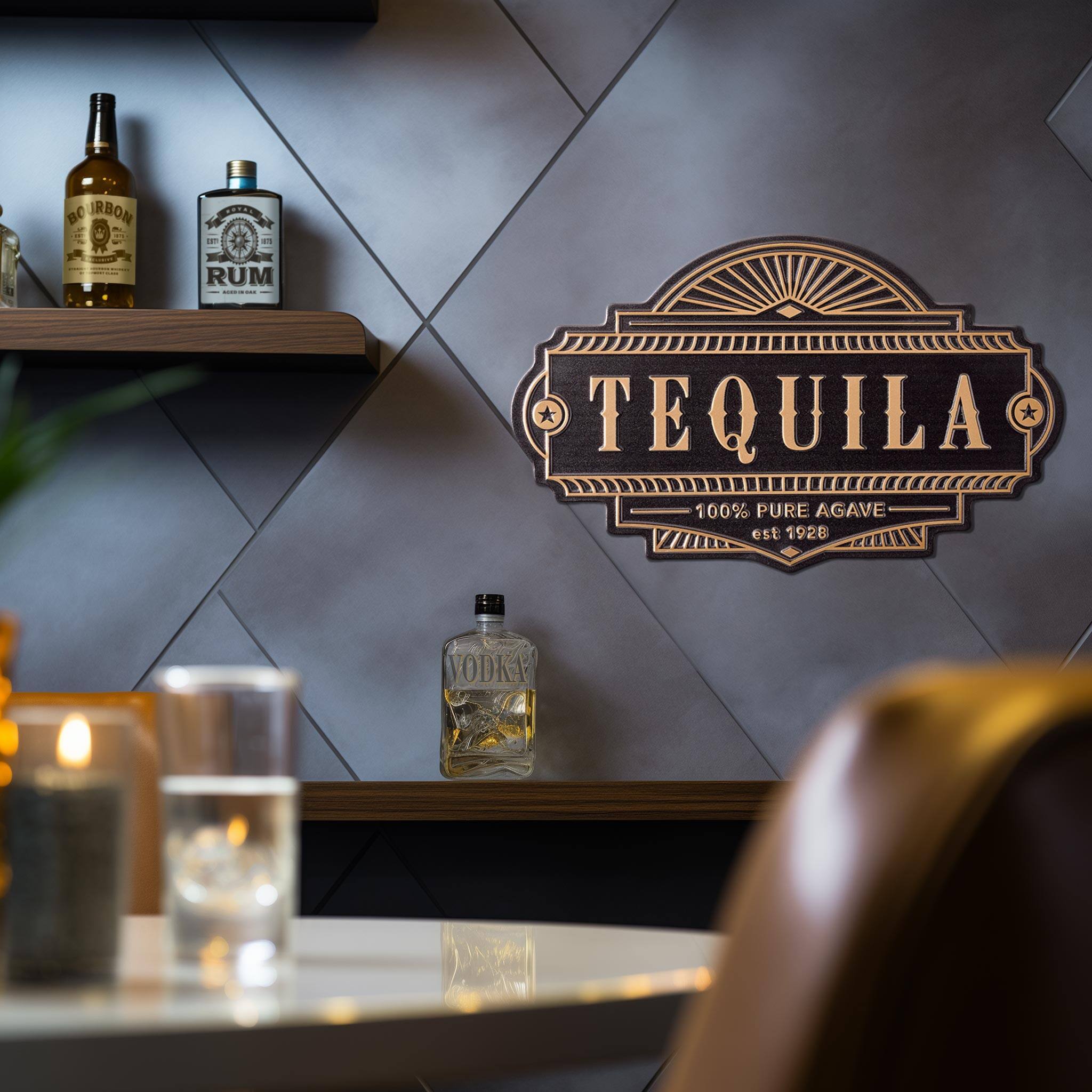 American Art Decor Tequila Embossed Black and Gold Metal Bar Sign