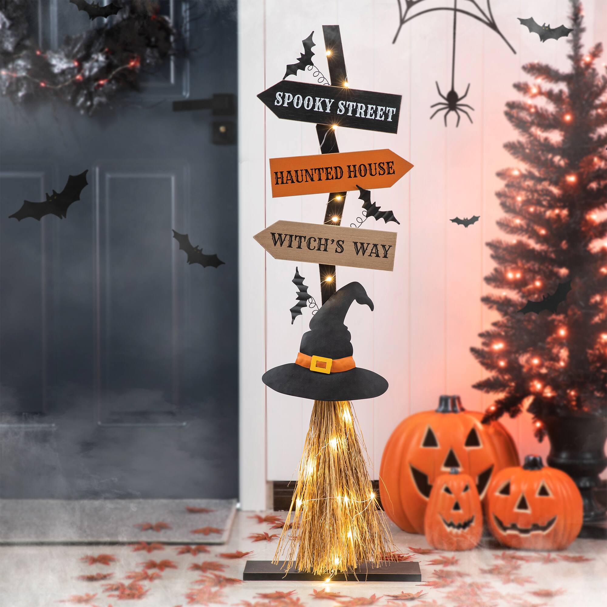 Glitzhome&#xAE; 42&#x22; Lighted Halloween Witch&#x27;s Broom Porch D&#xE9;cor with Timer