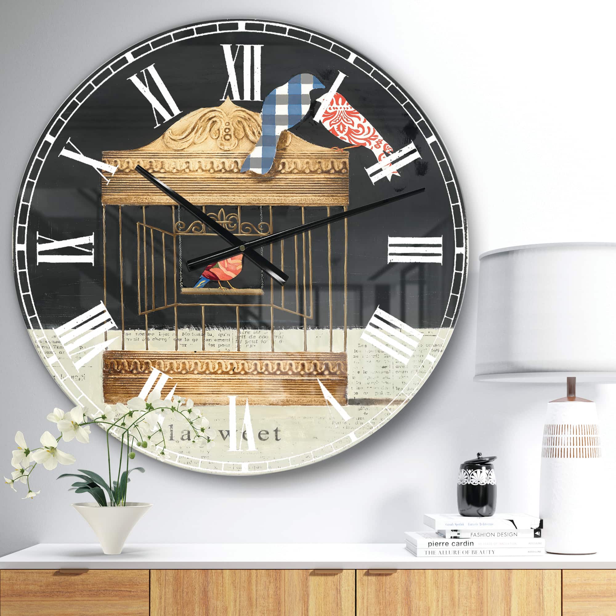 Designart Tweet Gold Birdcage Collage Wall Clock