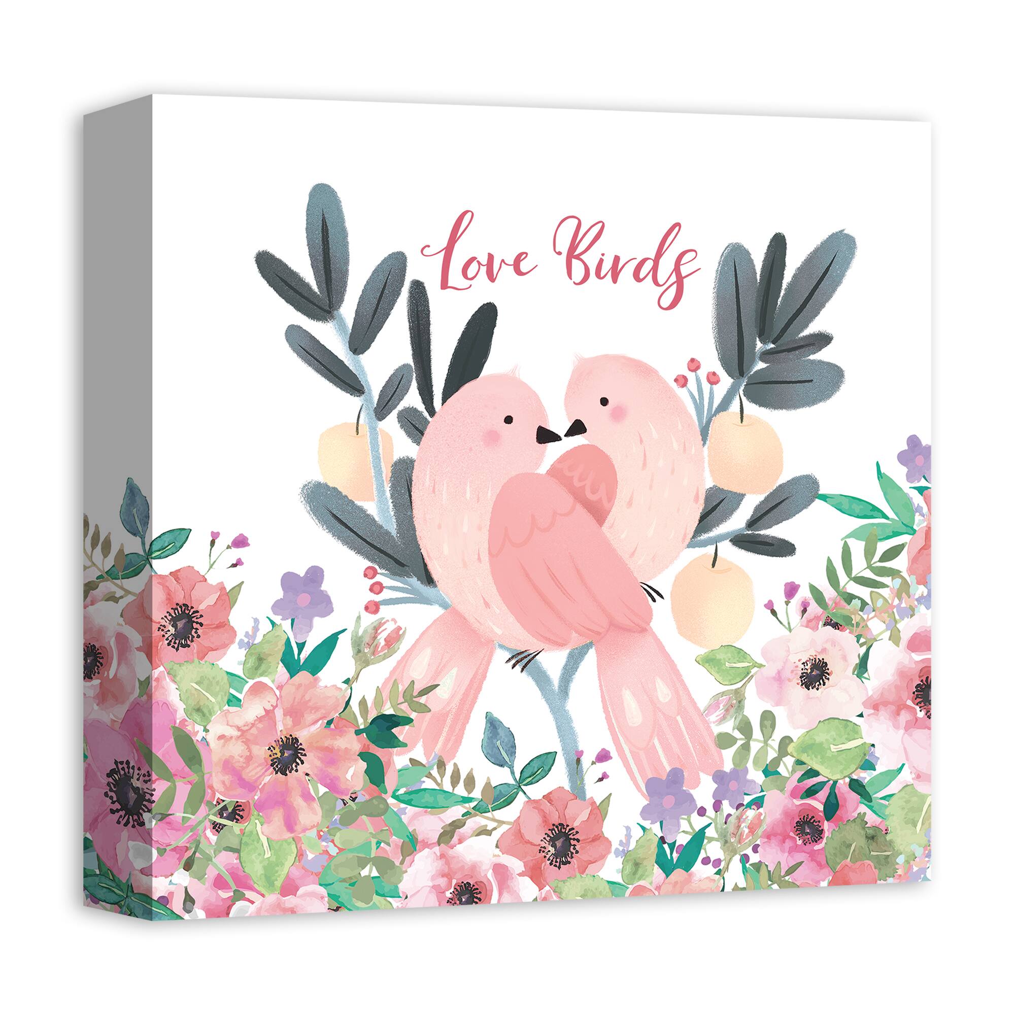 Two Love Birds And Flowers 12" x 12" Canvas Wall Art