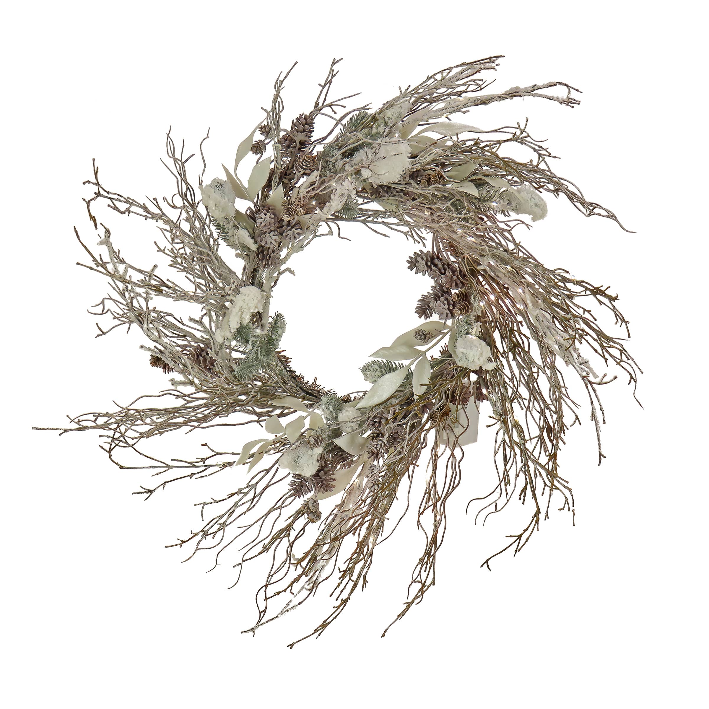 24" Christmas Alpine Trimmed Snow Lump Wreath, 150 Pure White LED Rice Lights