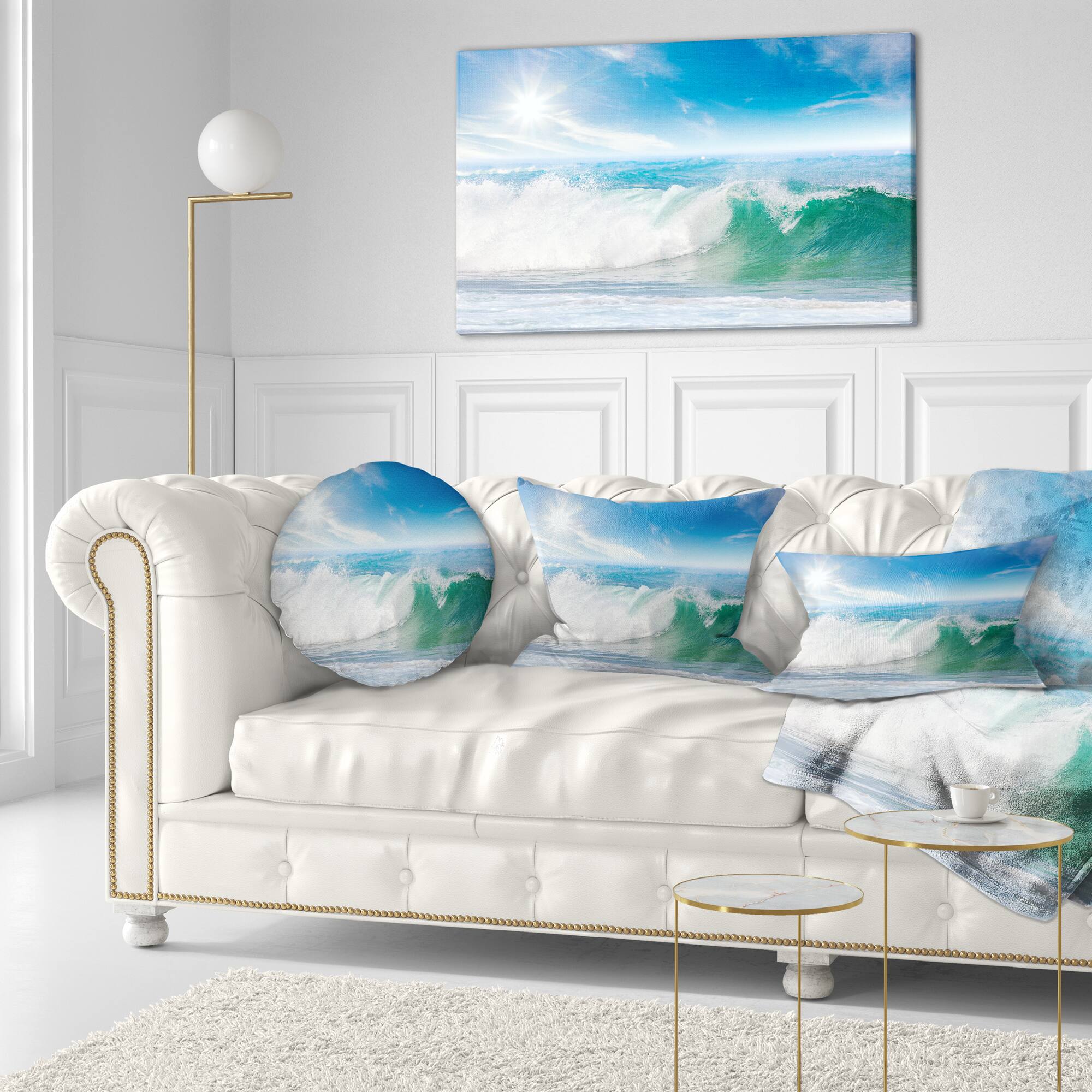 Designart - White and Blue Waves under Sun - Seascape Canvas Art Print