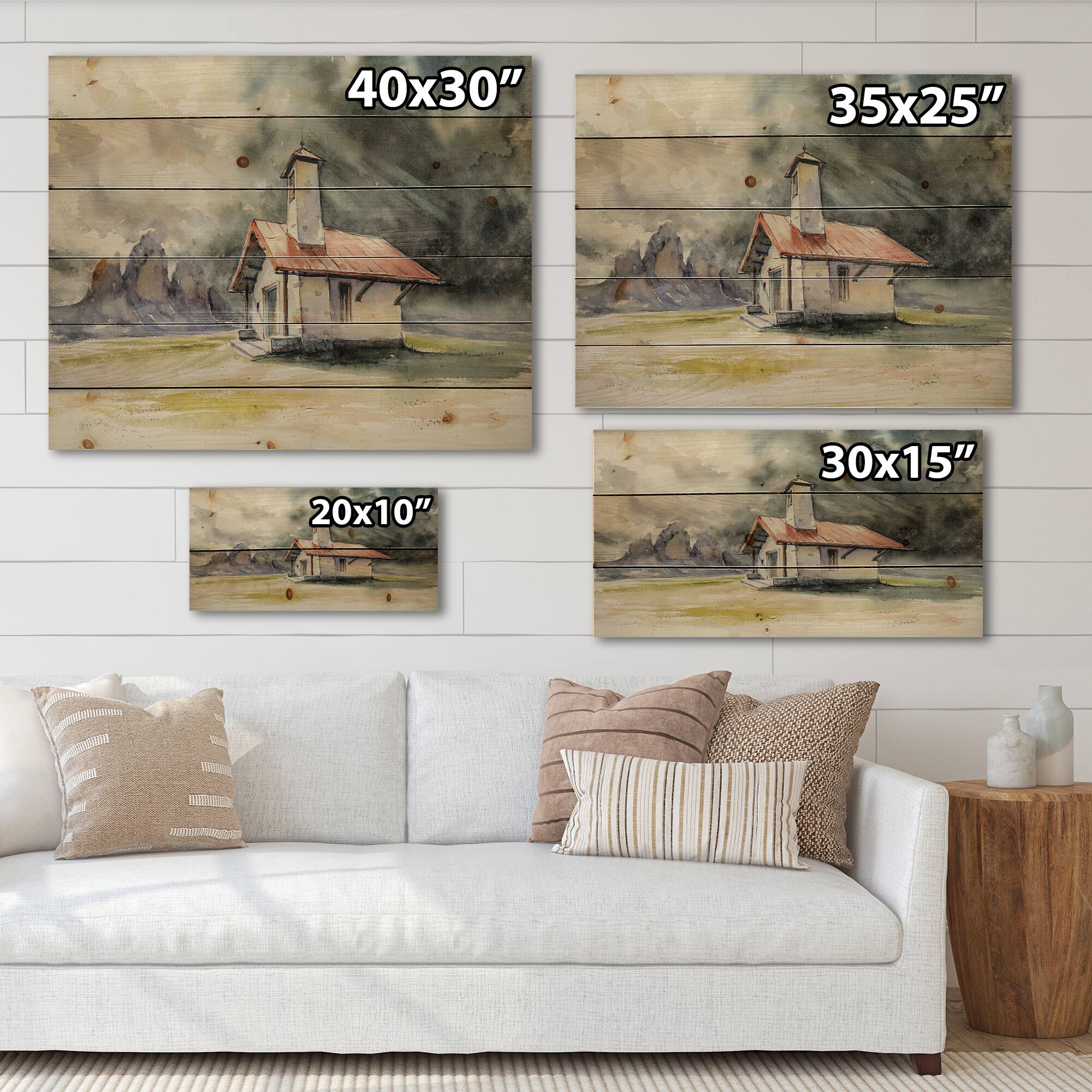 Designart - Rustic House On Mountain Top During Storm - Country Print on Natural Pine Wood