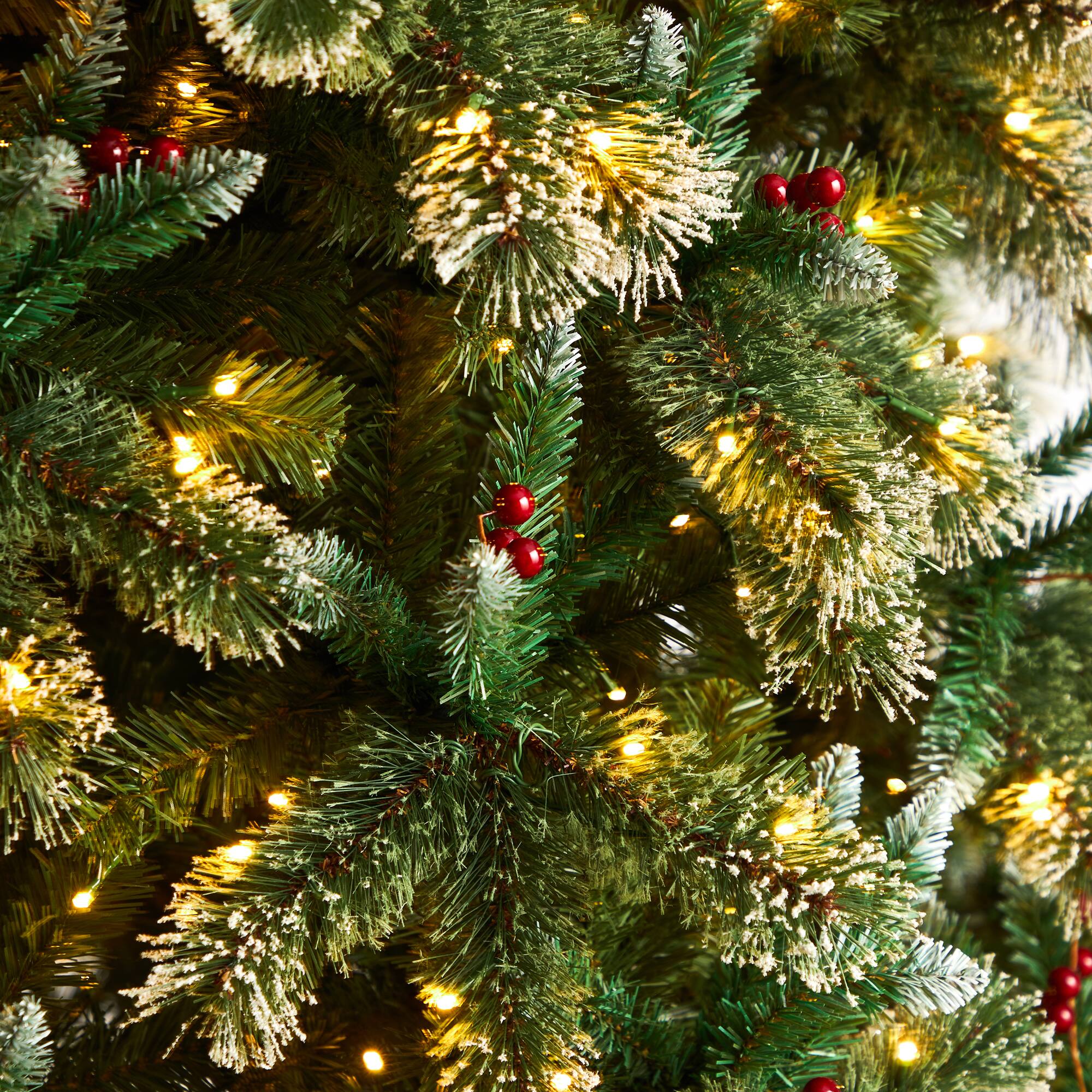 10ft. Pre-Lit Frosted Swiss Pine Artificial Christmas Tree with Berries, Clear LED Lights