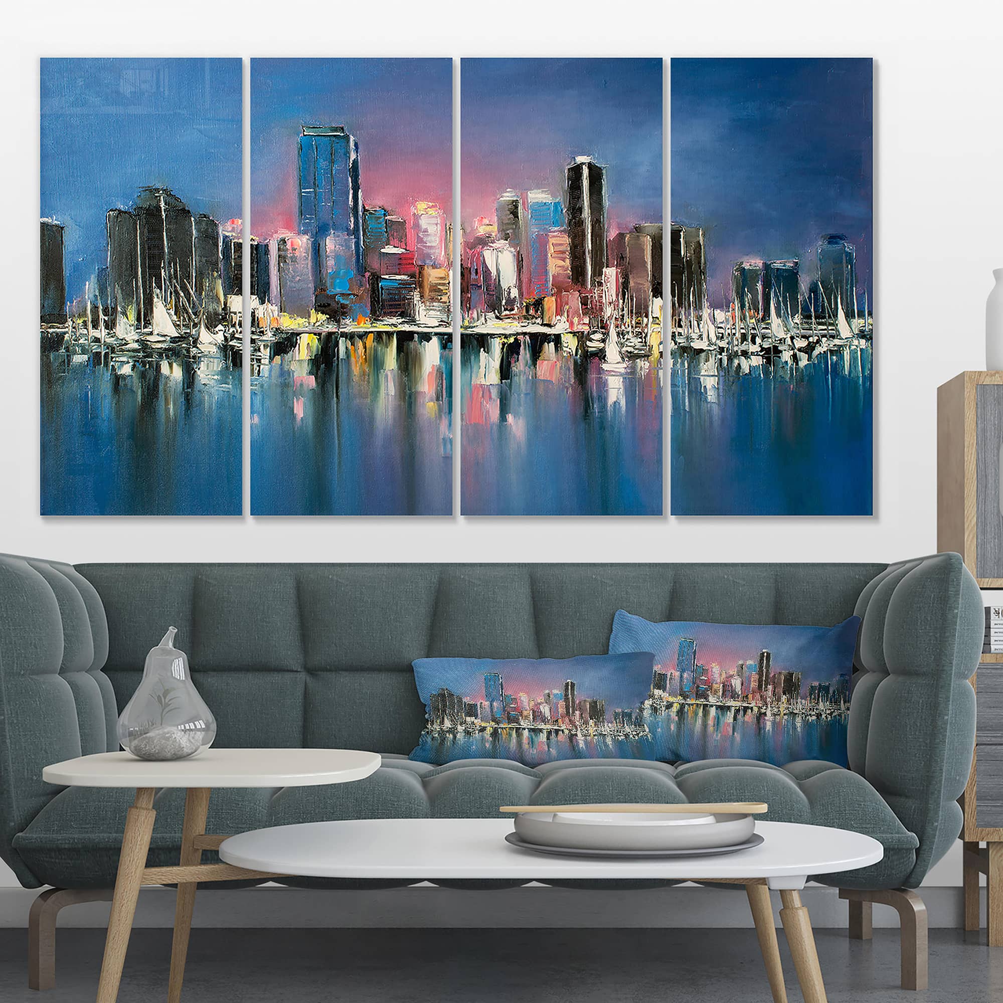 Designart - Coastal City Fantasy Night Scene in Oil Painting - Cityscapes Painting Print on Wrapped Canvas set