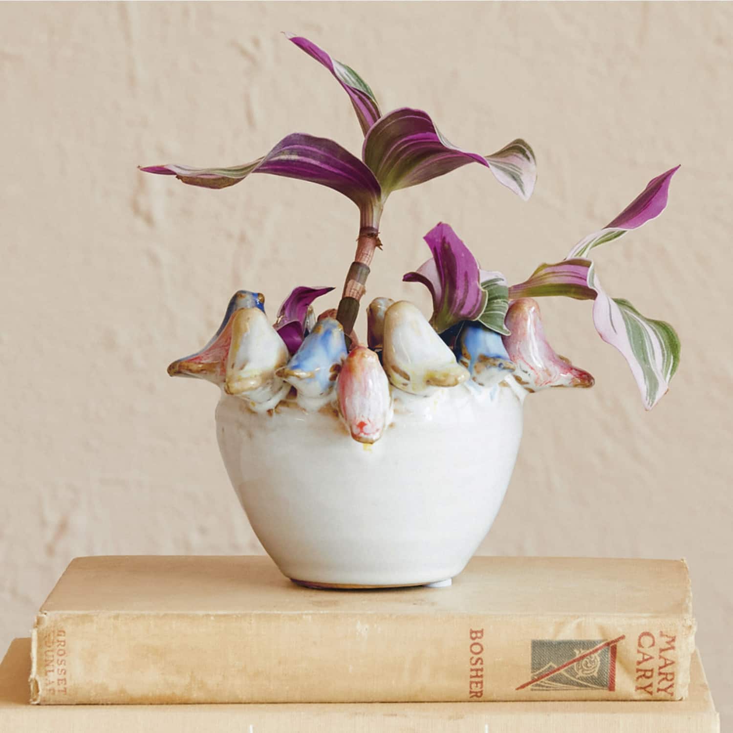 Hello Honey® 5" Multicolor Reactive Glaze Stoneware Planter with Birds on Rim