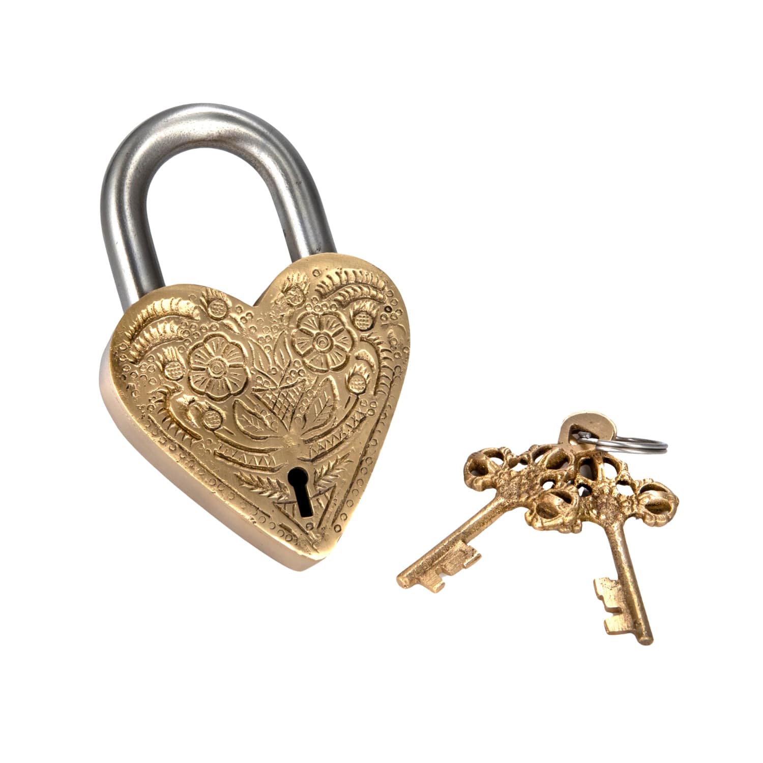 Hello Honey® Matte Finish Brass & Stainless Steel Heart-Shaped Lock with Flowers Set