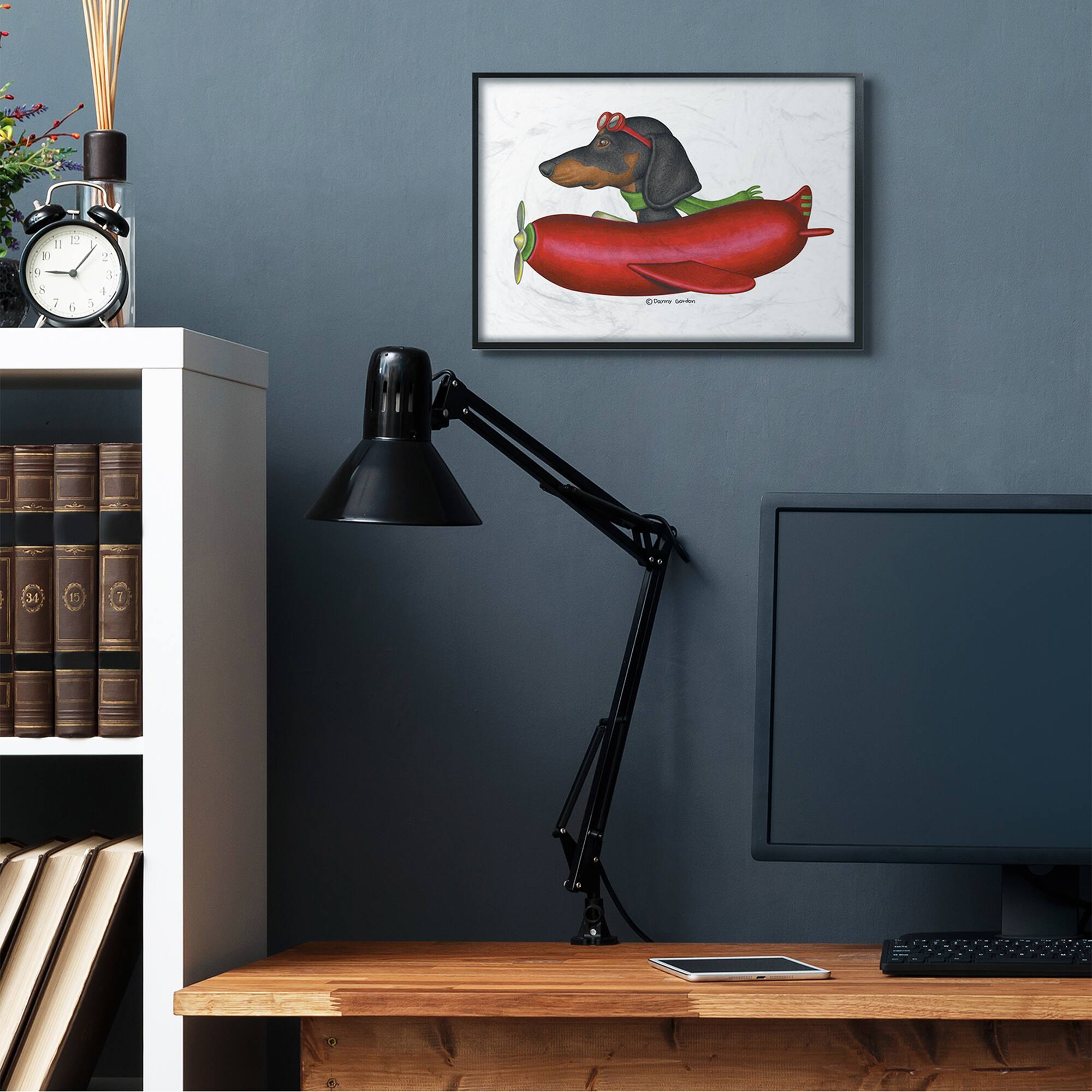 Stupell Industries Dachshund Flying in Hot Dog Plane Wall Art in Black Frame