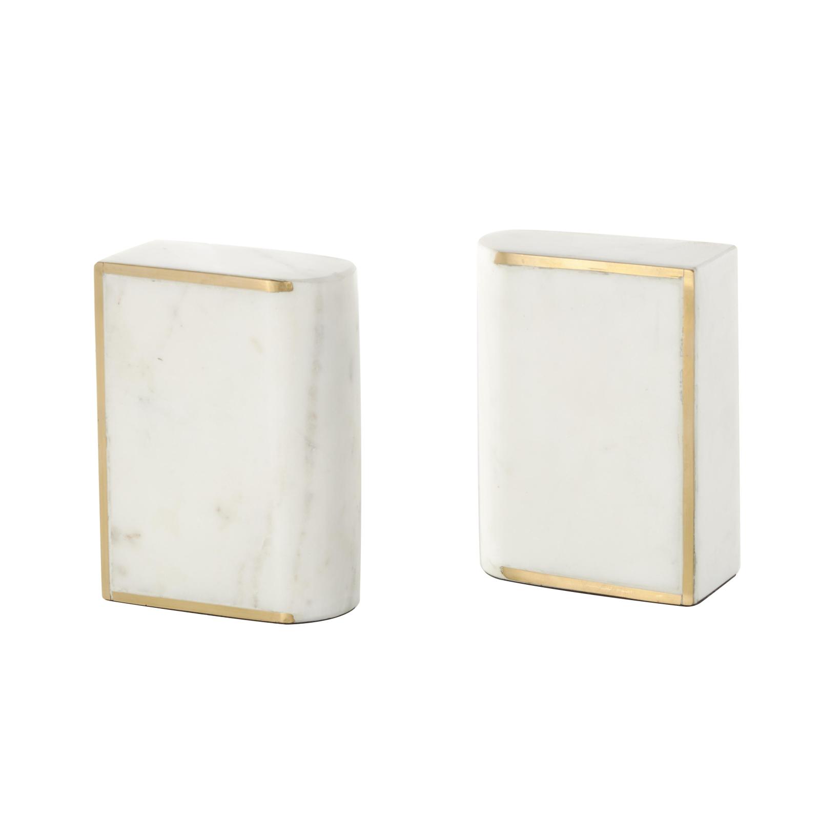 White Marble Curved Rectangular Decorative Bookends with Gold Accents Set