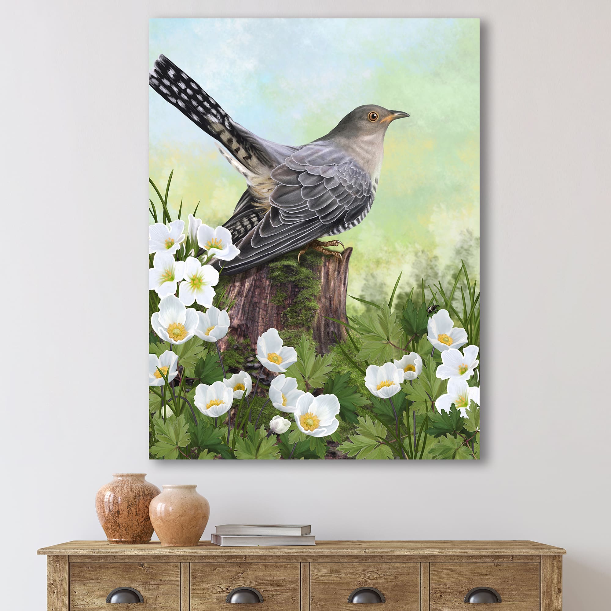 Designart - Cuckoo Bird On An Old Stump - Traditional Canvas Wall Art Print