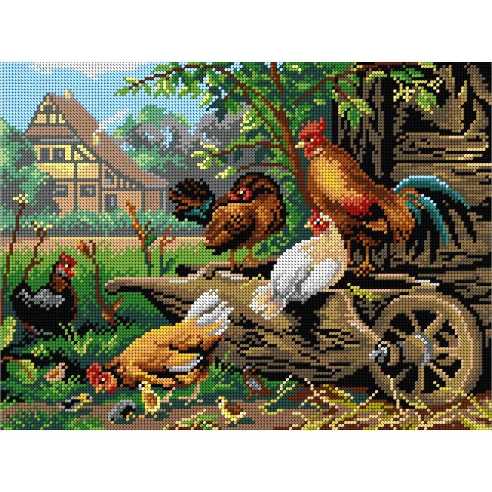 Orchidea Farm Rooster Chickens by Carl Jutz Gobelin Canvas For Halfstitch Without Yarn