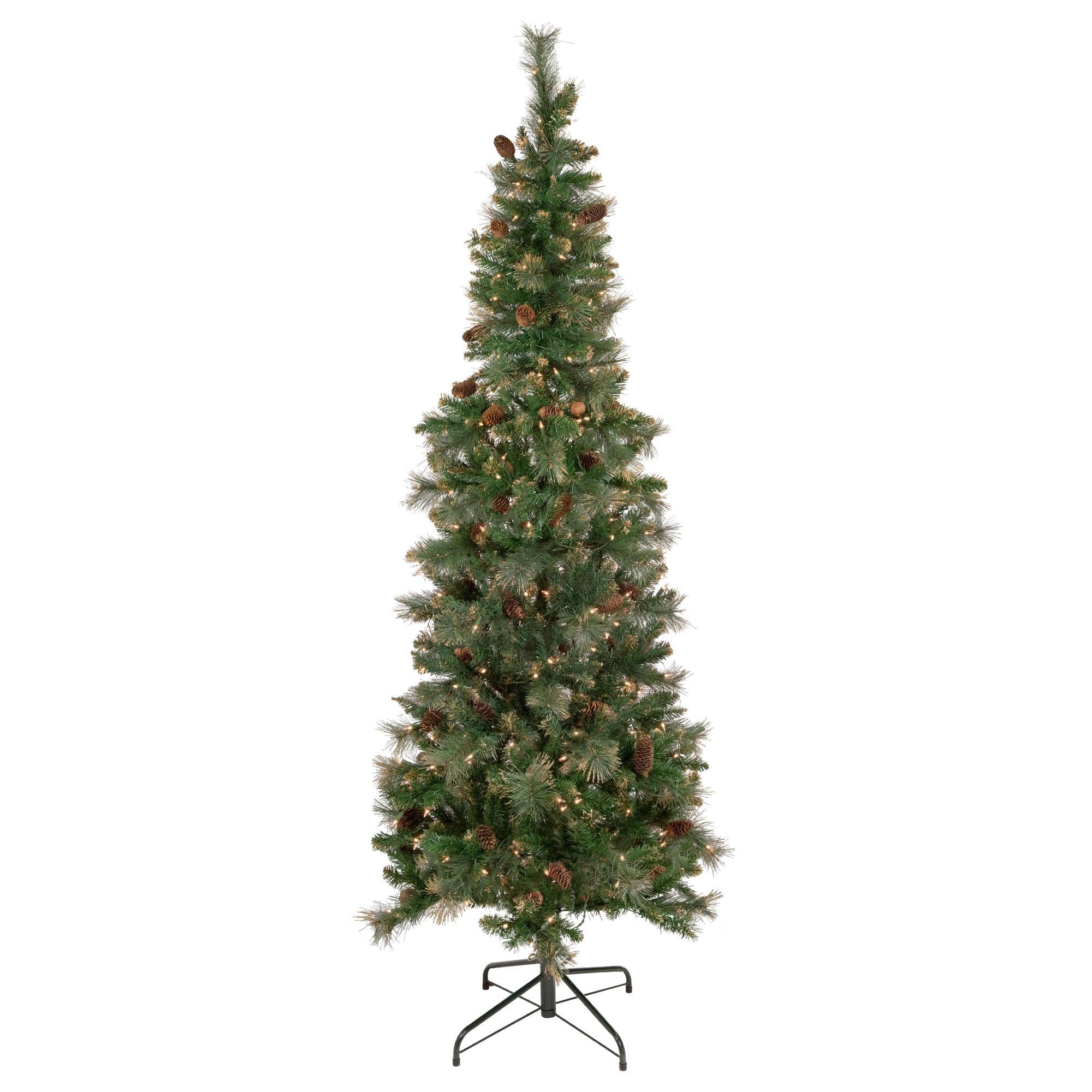7ft. Pre-Lit Yorkshire Pine Pencil Artificial Christmas Tree with Pinecones &#x26; Gold Glitter, Clear Lights