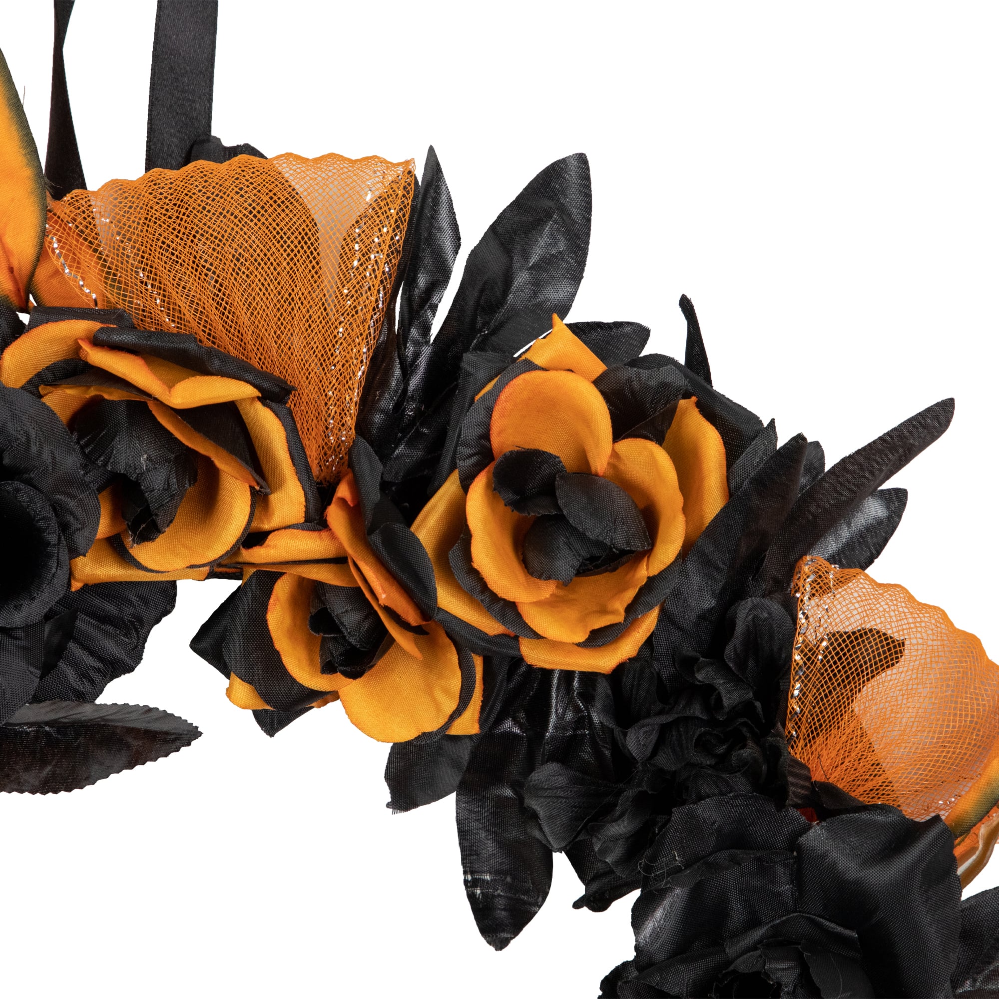 14" Skull with Black & Orange Roses Halloween Wreath