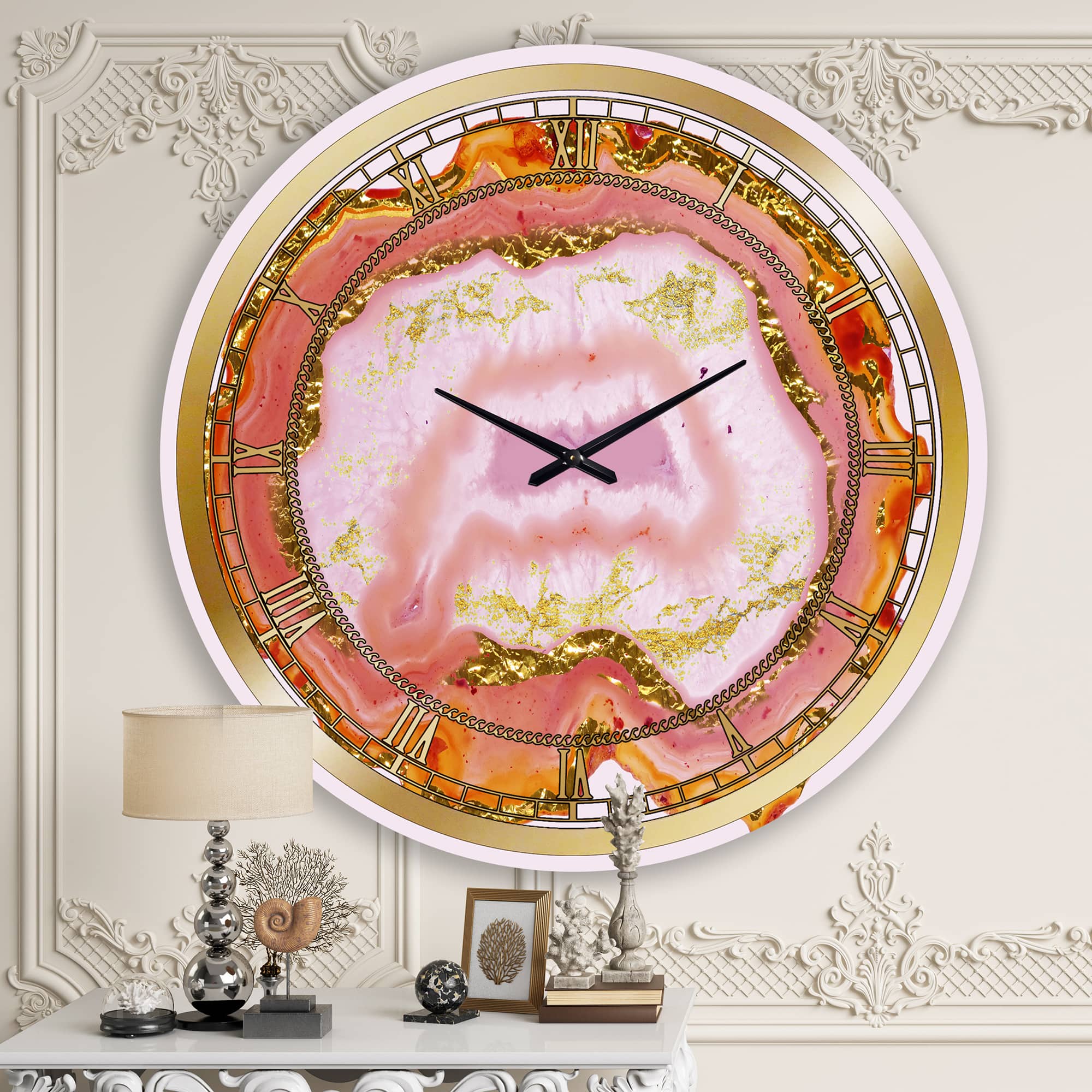 Designart 'Pink And Gold Chalcedony Agate Modern Wall Clock