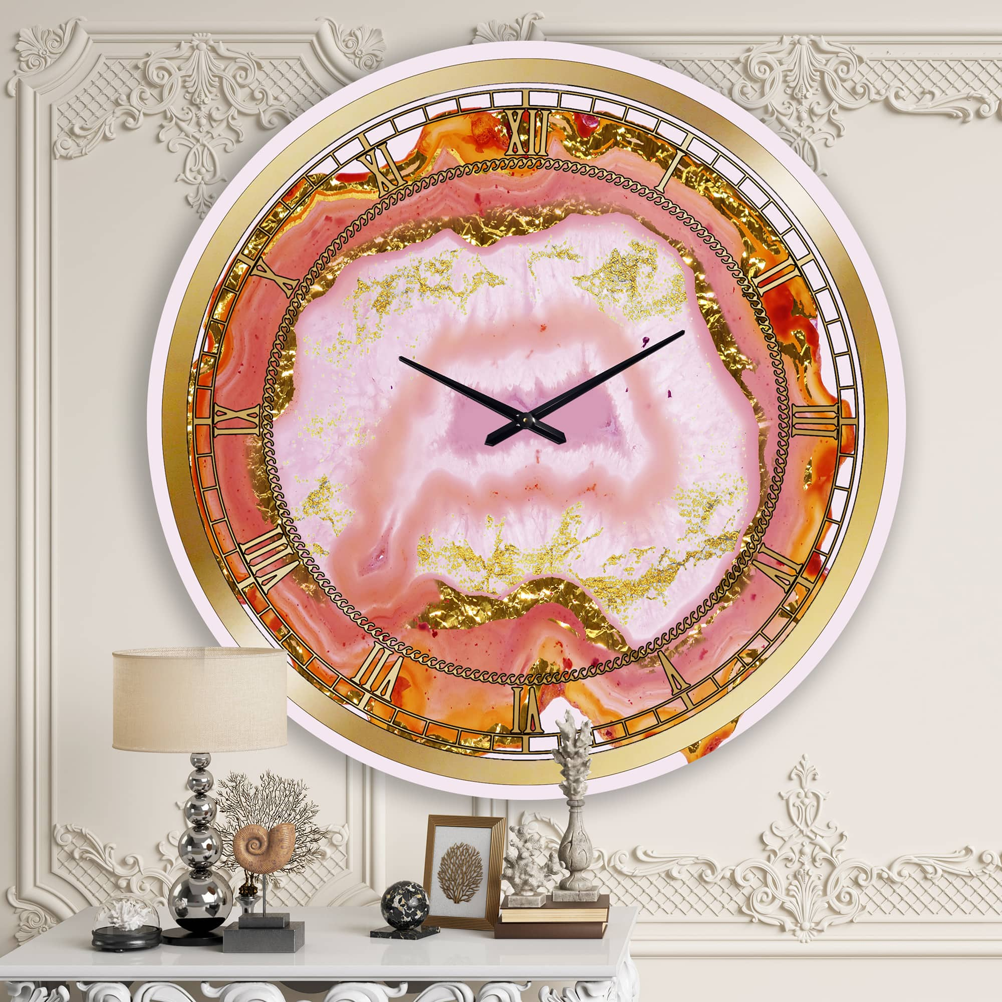 Designart &#x27;Pink And Gold Chalcedony Agate Modern Wall Clock