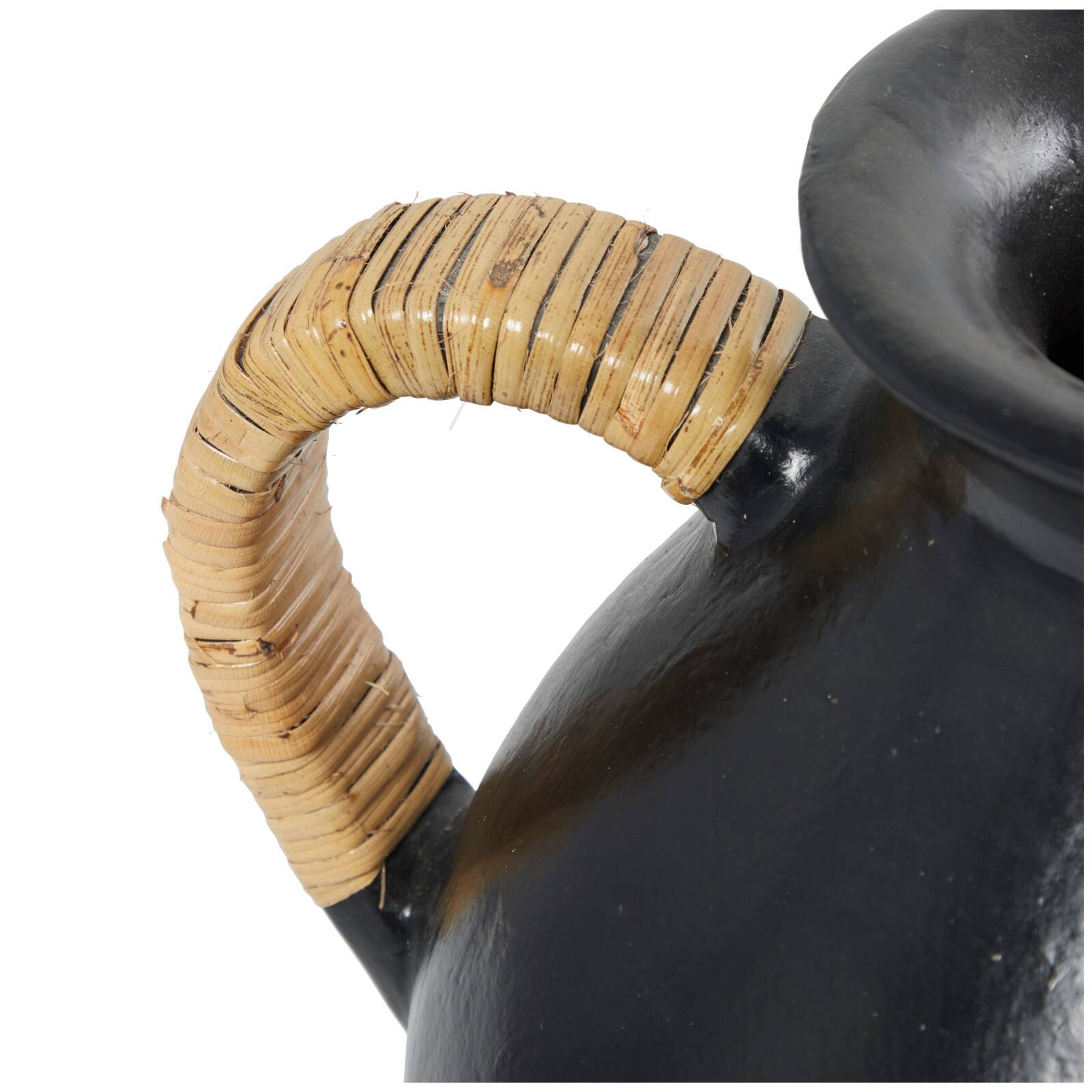 19" Black Ceramic Jug Vase with Rattan Wrapped Handles