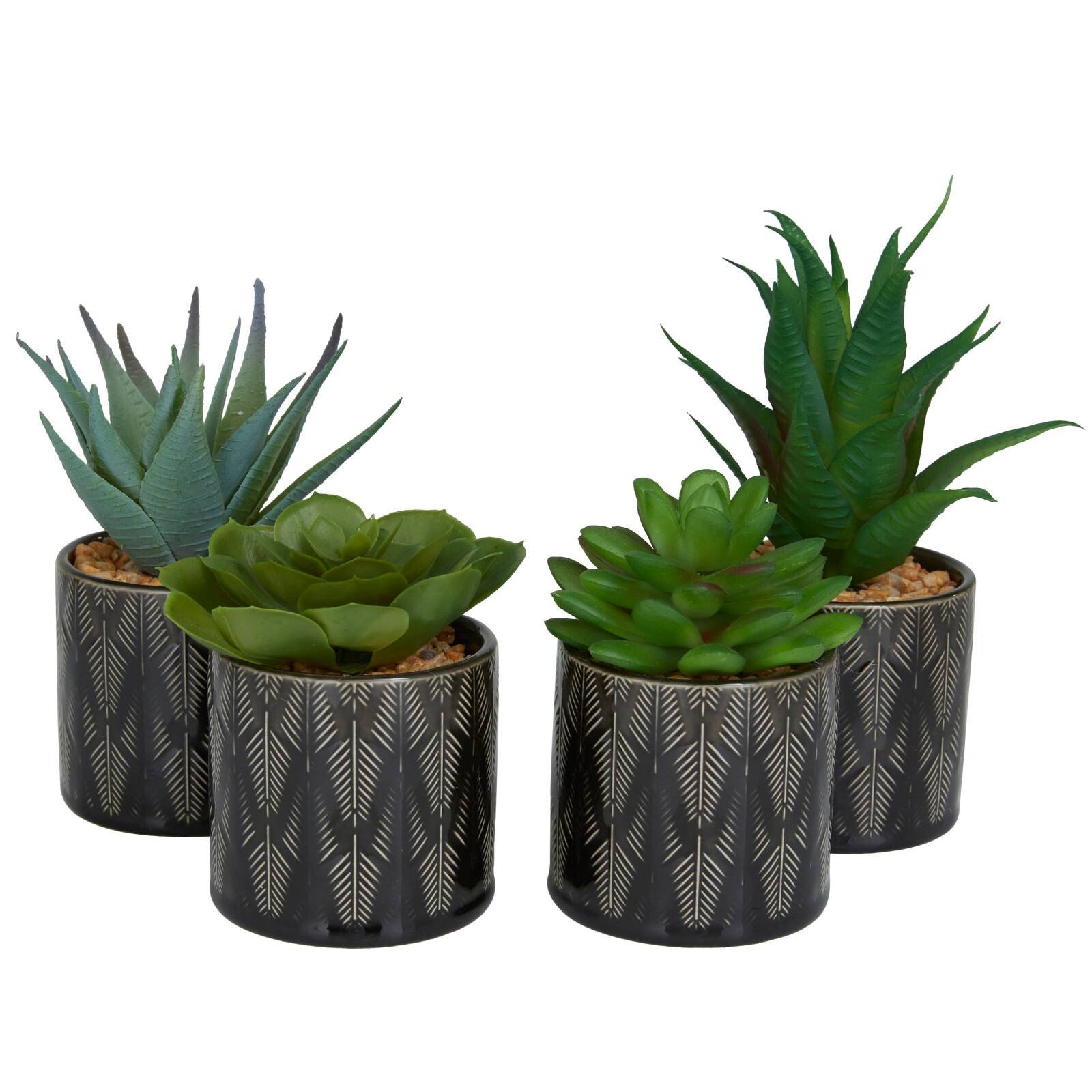 Green Faux Foliage Small Succulent Artificial Plant with Leaf Patterned Pot Set