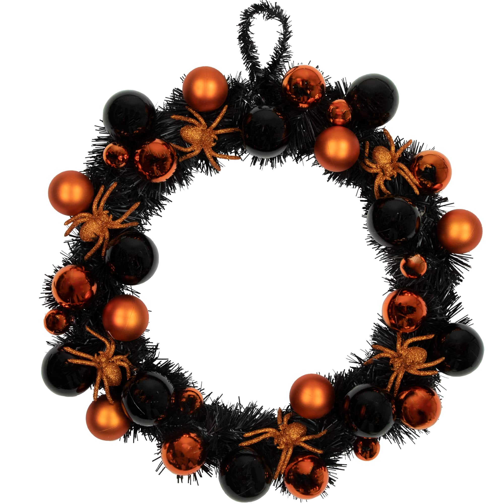 18&#x27;&#x27; Unlit Orange Spiders and Ornaments Halloween Wreath