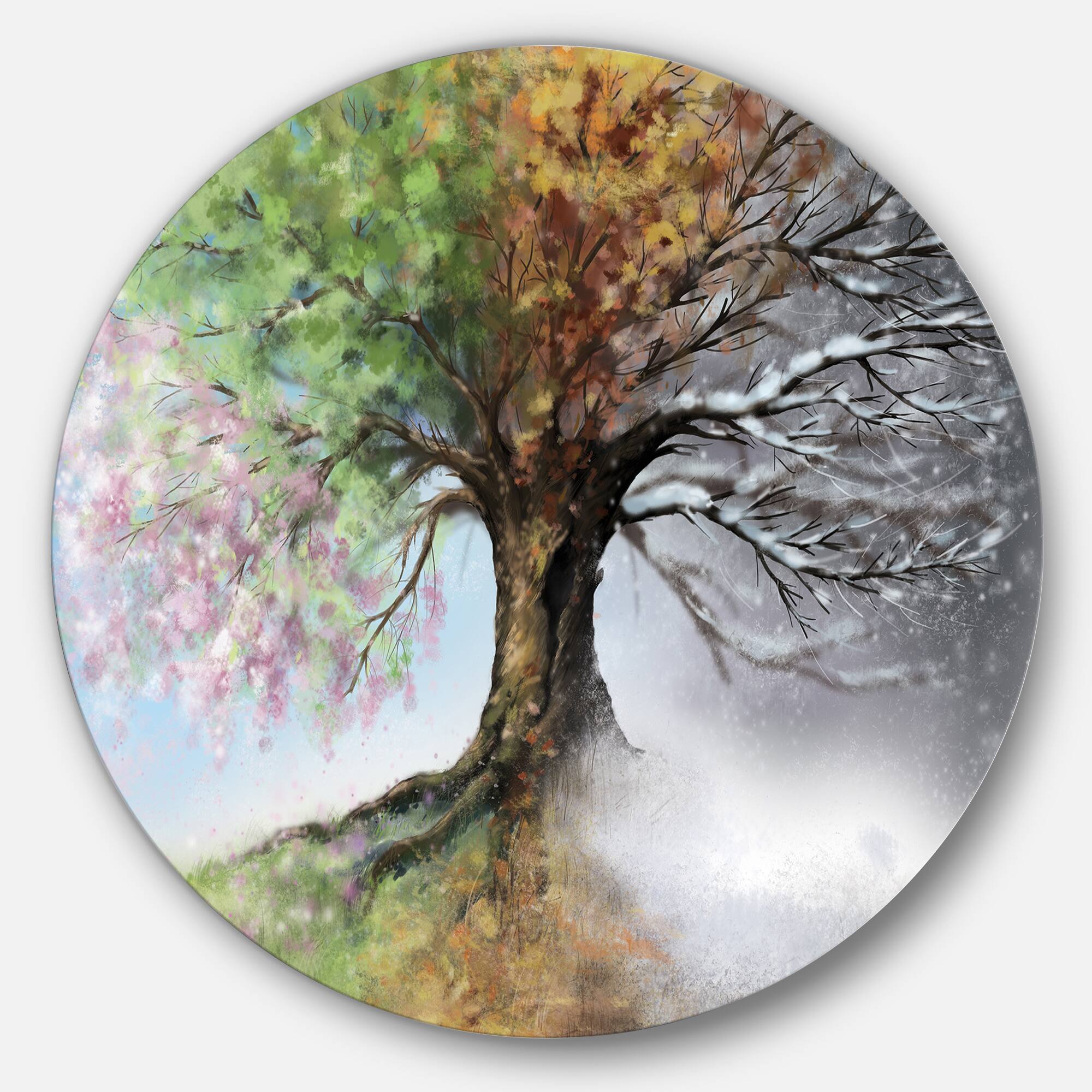 Designart - Tree with Four Seasons' Tree Painting Circle Metal Wall Art