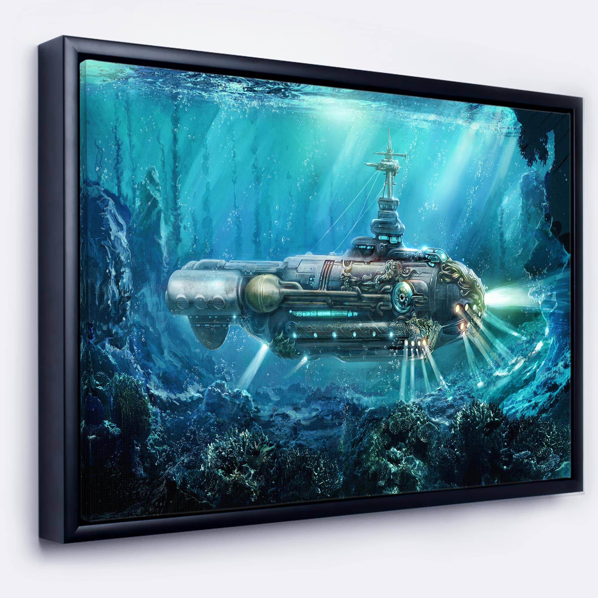 Designart - Fantastic Submarine - Abstract Canvas Art Print in Black Frame