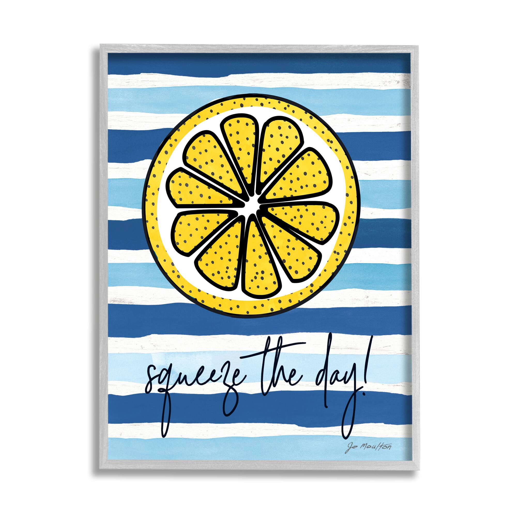 Stupell Industries Squeeze The Day Expression Lemon Nautical Stripes in Gray Frame Wall Art