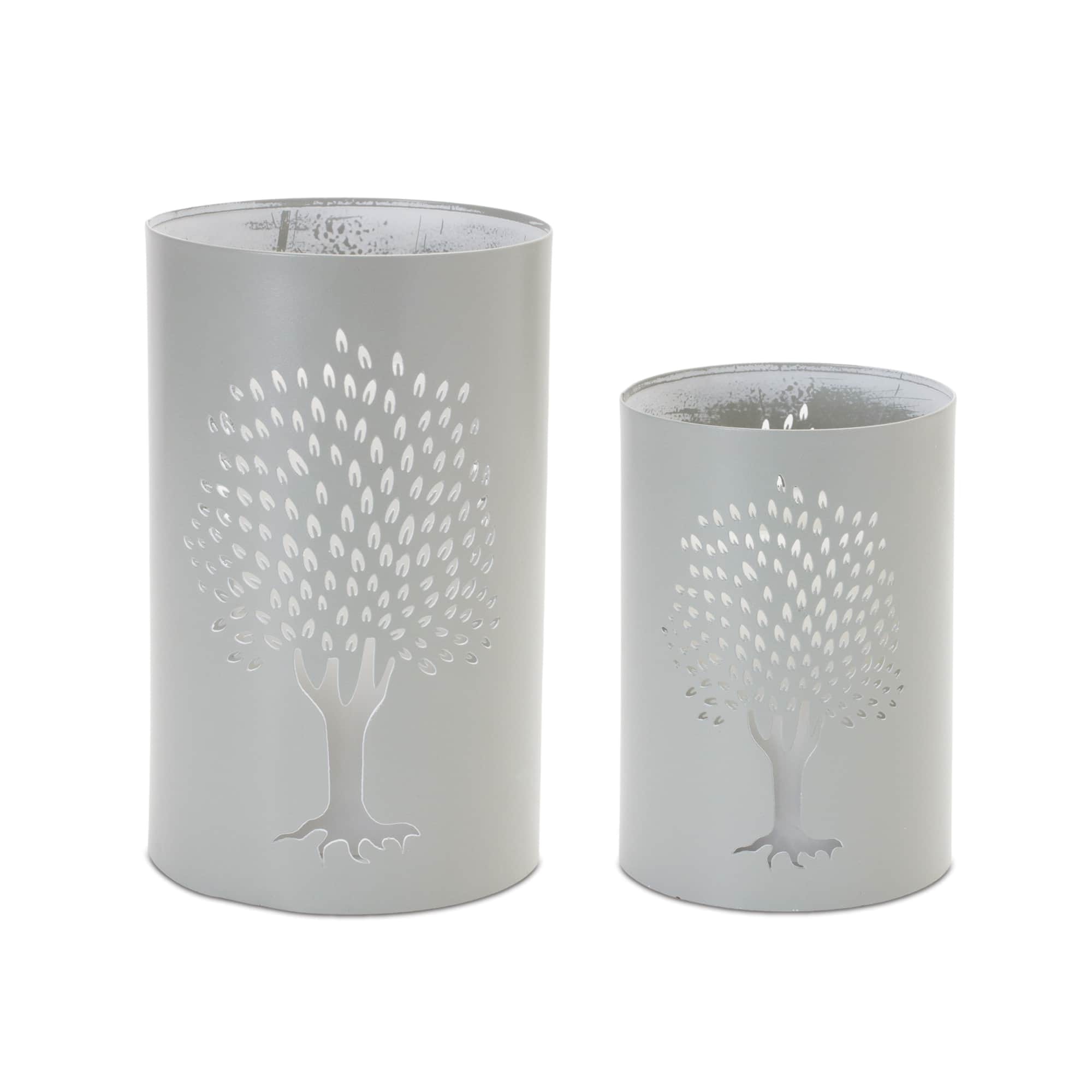 Gray Punched Tree Metal Candle Holder Set