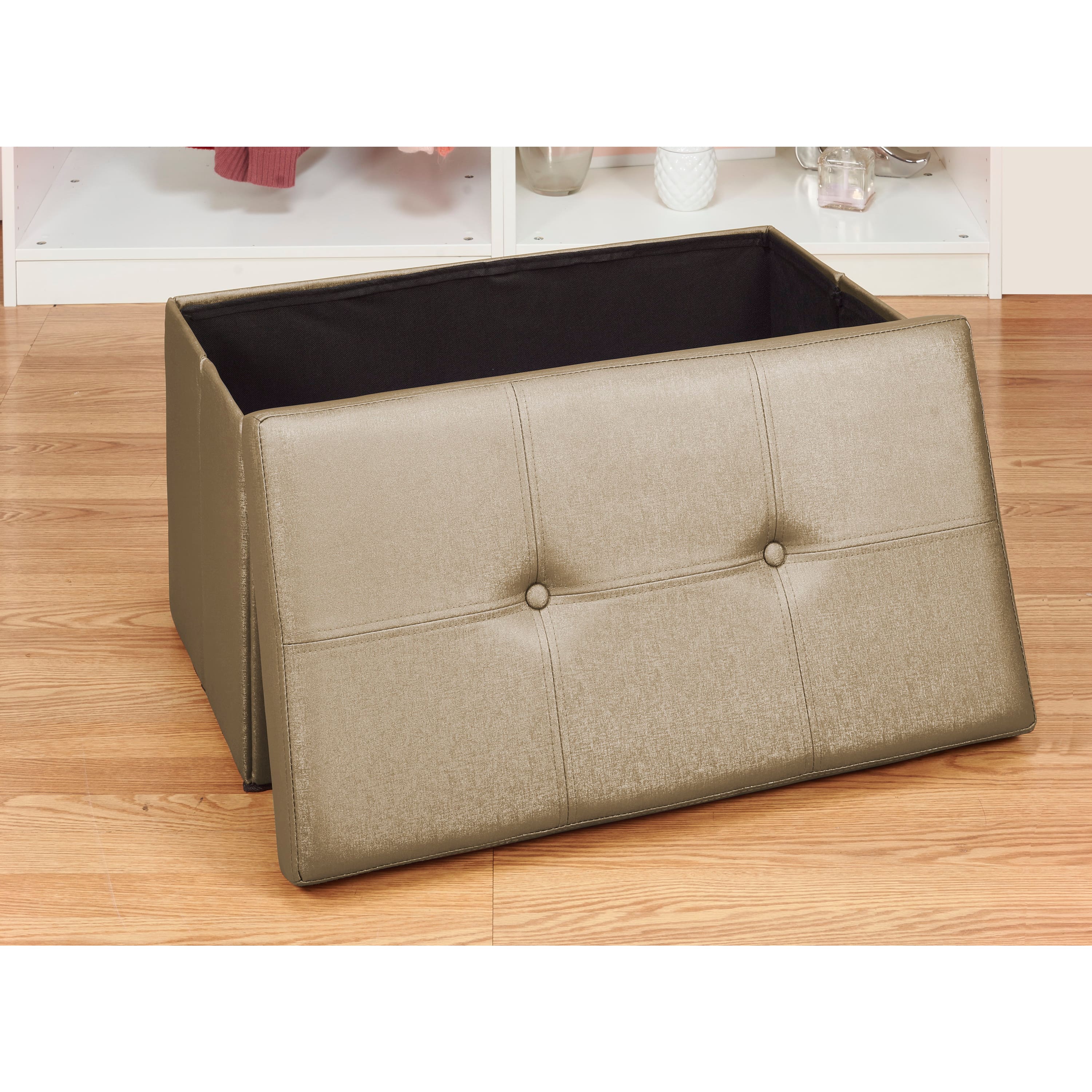 Simplify Metallic Brown Faux Leather Double Folding Storage Ottoman