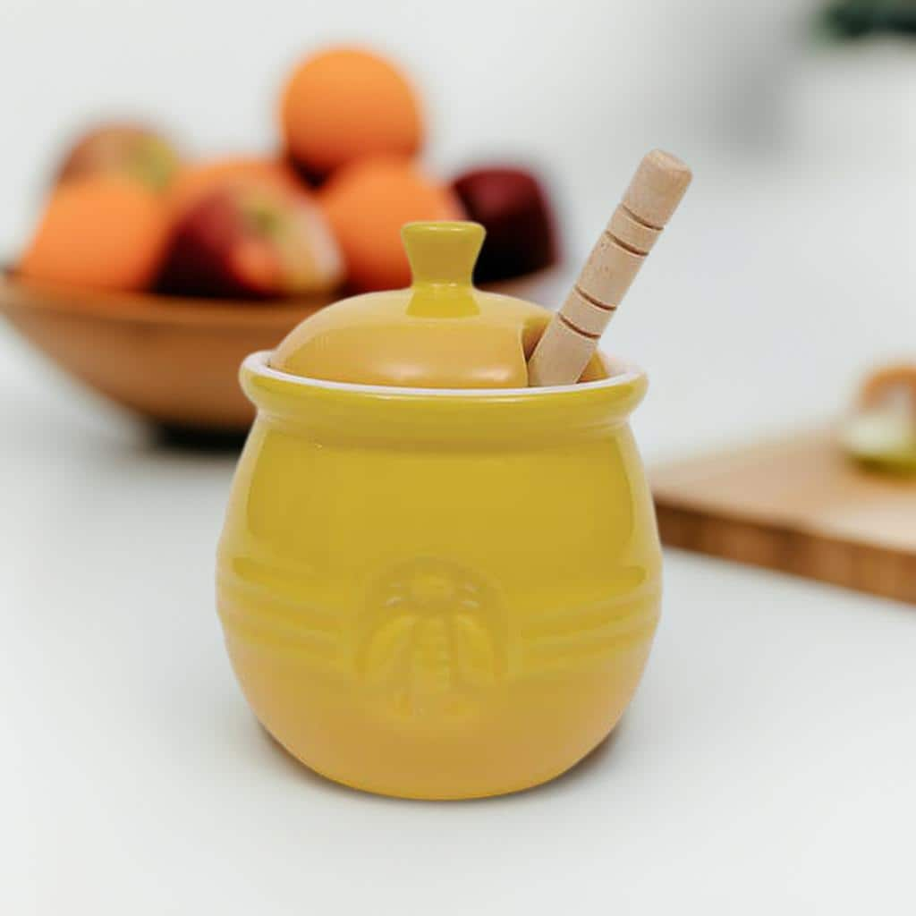 4.3&#x22; Yellow Ceramic Honey Pot &#x26; Wood Dipper