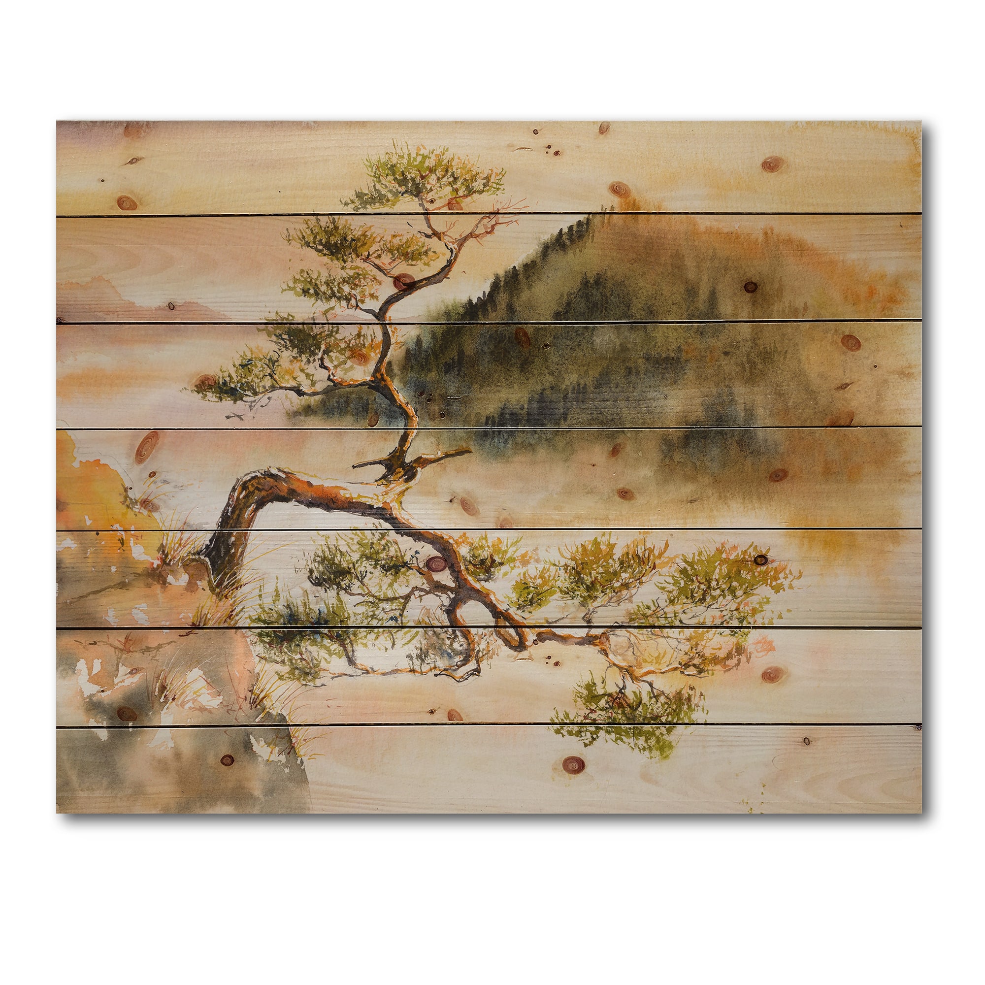 Designart - Curved Pine Tree On The Top of Sokolica Peak - Traditional Print on Natural Pine Wood